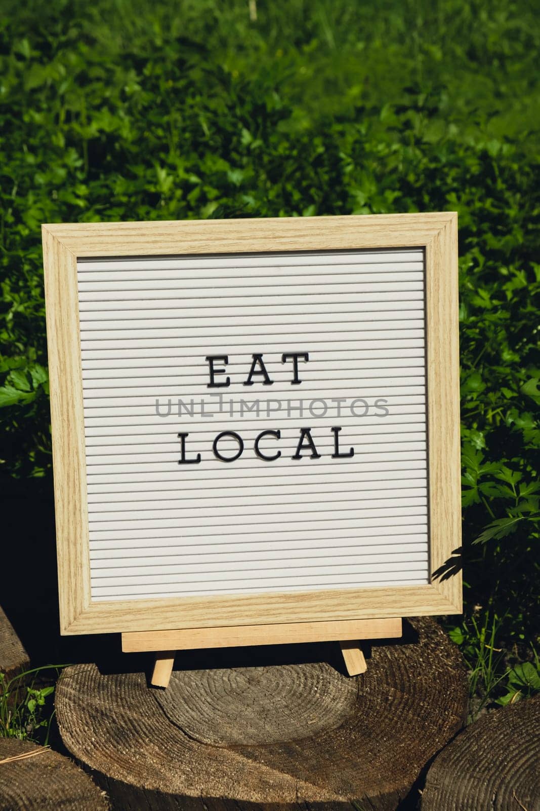 EAT LOCAL message on background of fresh eco-friendly bio grown green herb parsley in garden. Countryside food production concept. Locally produce harvesting. Sustainability by anna_stasiia