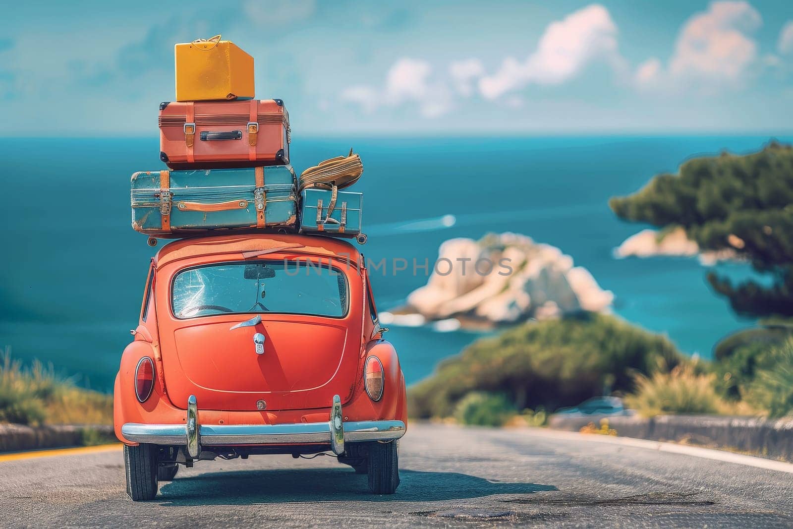 A car full of suitcases and bags to go on summer vacation, Road trip summer vacation.