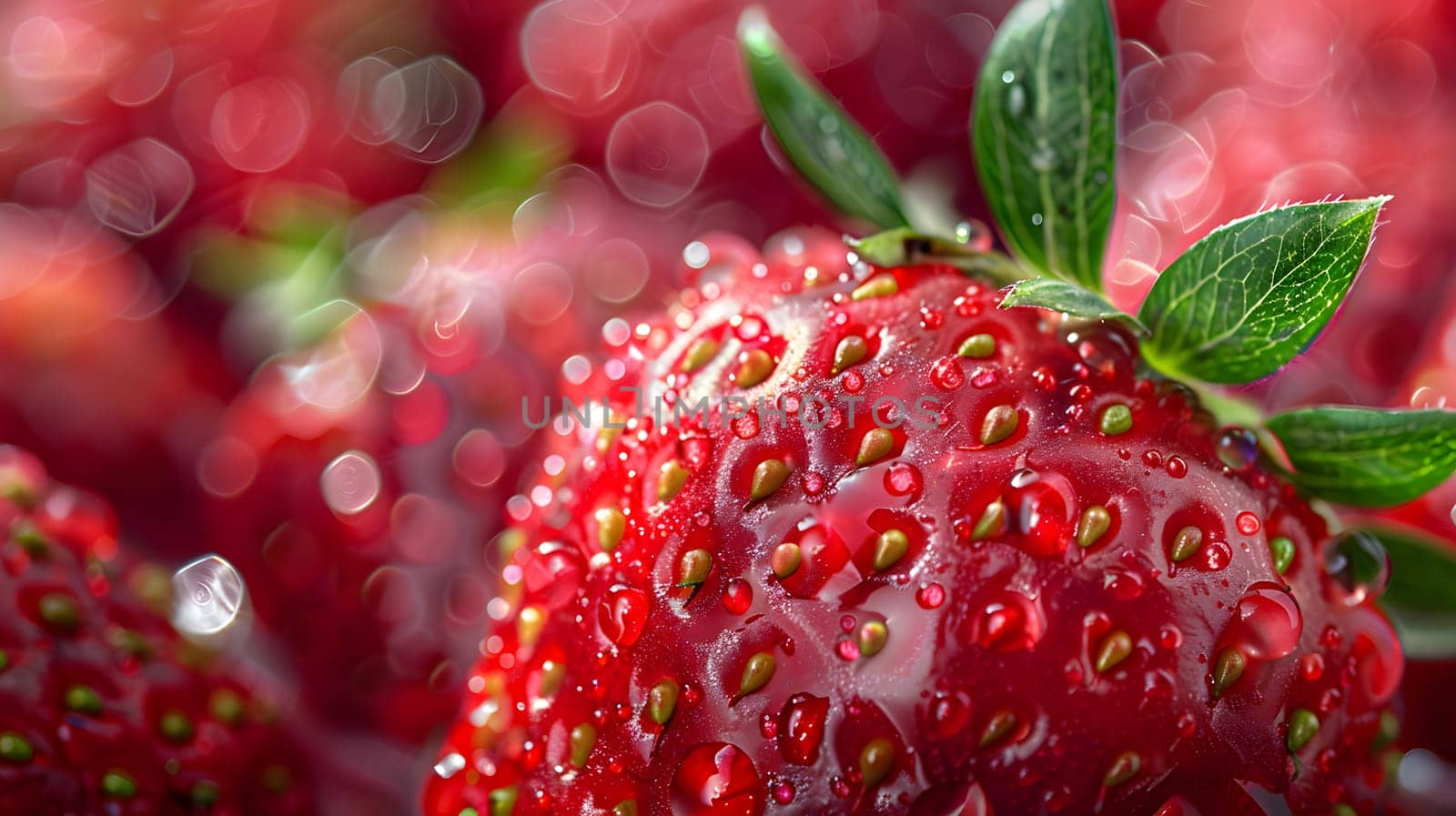 Closeup of a strawberry, a seedless fruit, glistening with water droplets by Nadtochiy