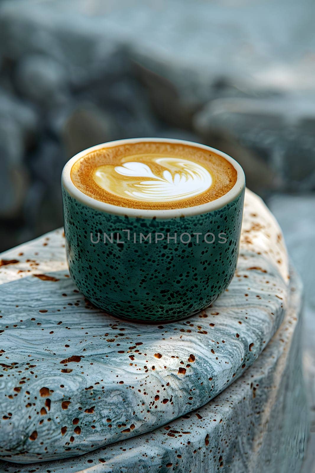 A cappuccino sits on a marble table, a luxurious setting for your coffee break by Nadtochiy