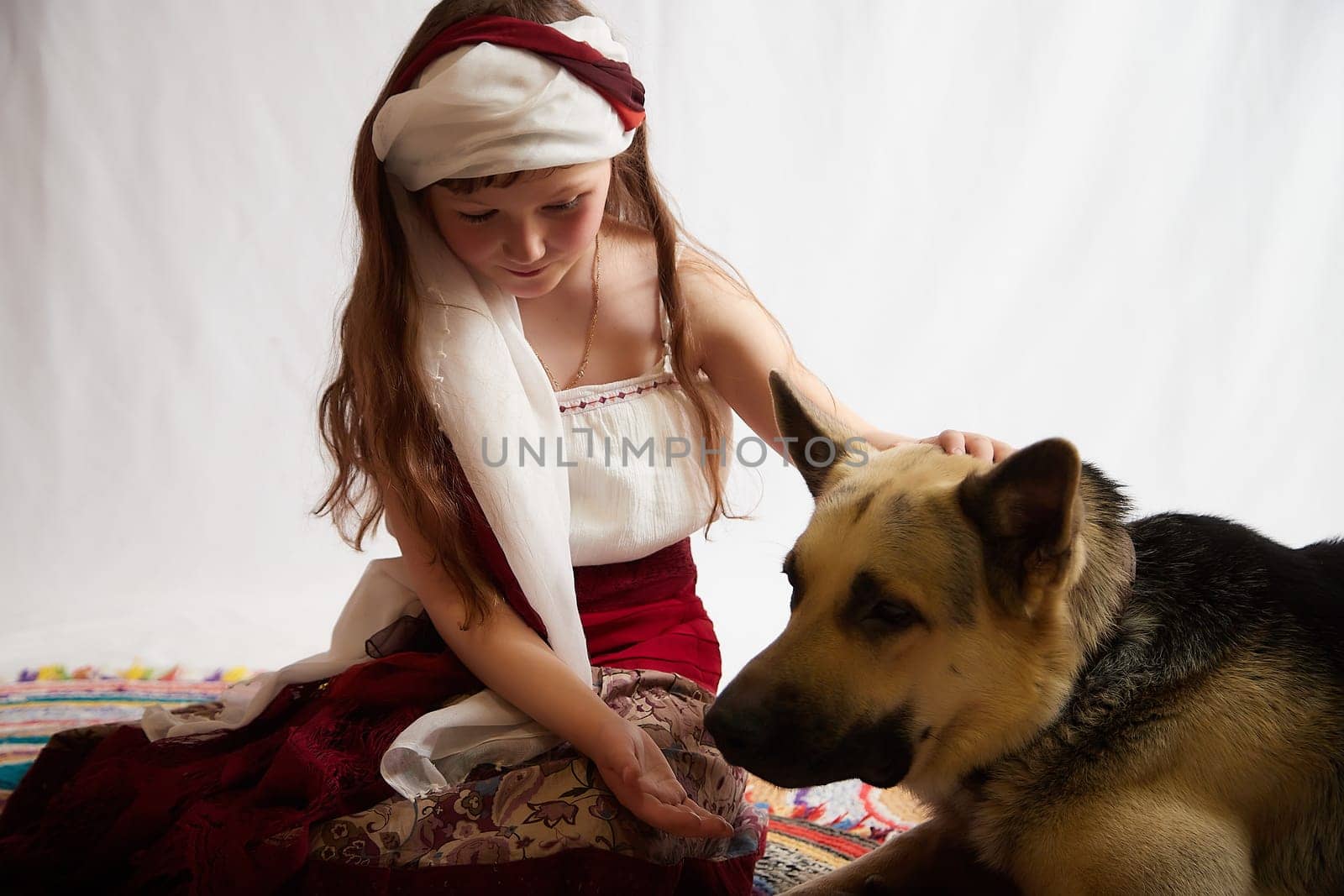 Portrait of Little girl in a stylized Tatar national costume with big shepherd dog on a white background in the studio. Photo shoot of funny young teenager who is not a professional model