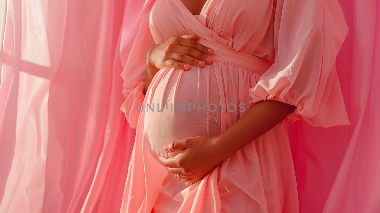 A pregnant woman in a magenta dress is gently touching her belly with a petal pink sleeve in a tender gesture, standing by the window at an event or entertainment venue