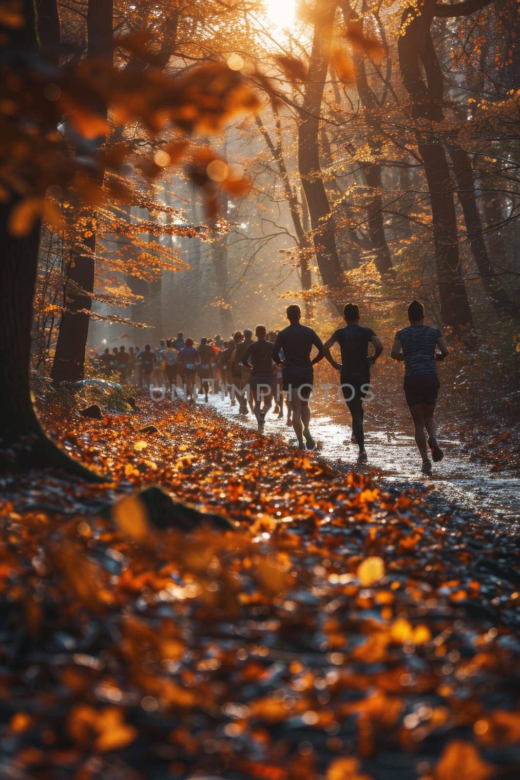 World Running Day. A group of people are running in nature by Lobachad