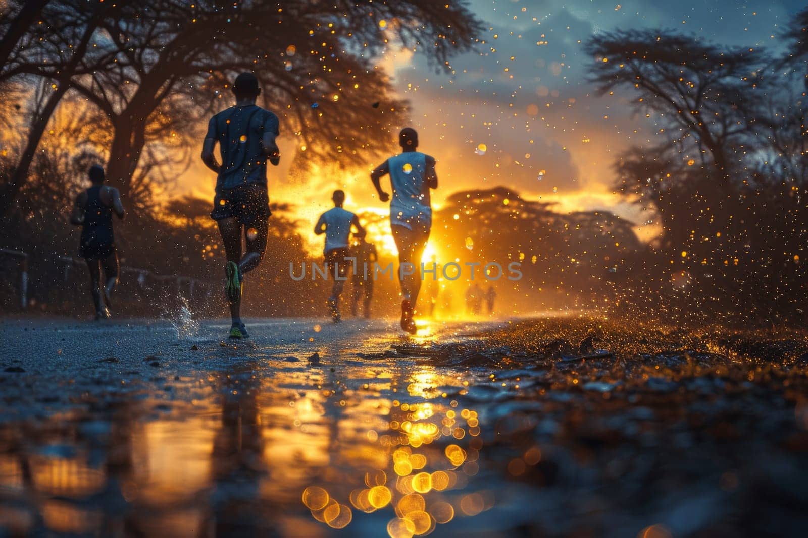 World Running Day. A group of people are running in nature by Lobachad