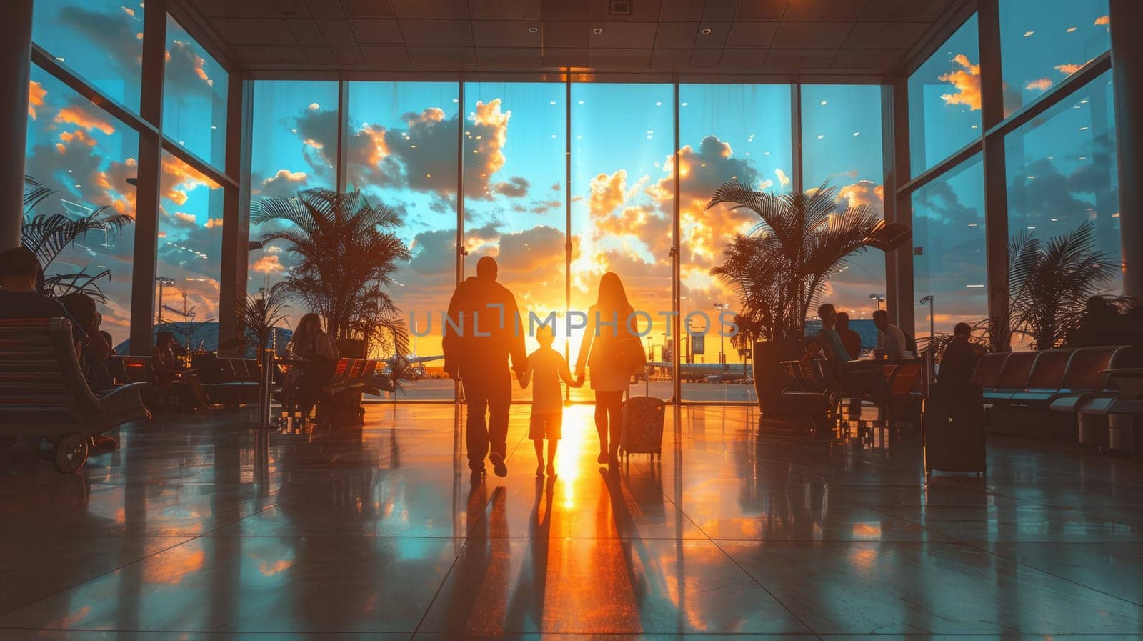 Silhouette of a family at the airport with a plane in the background at sunset by NataliPopova
