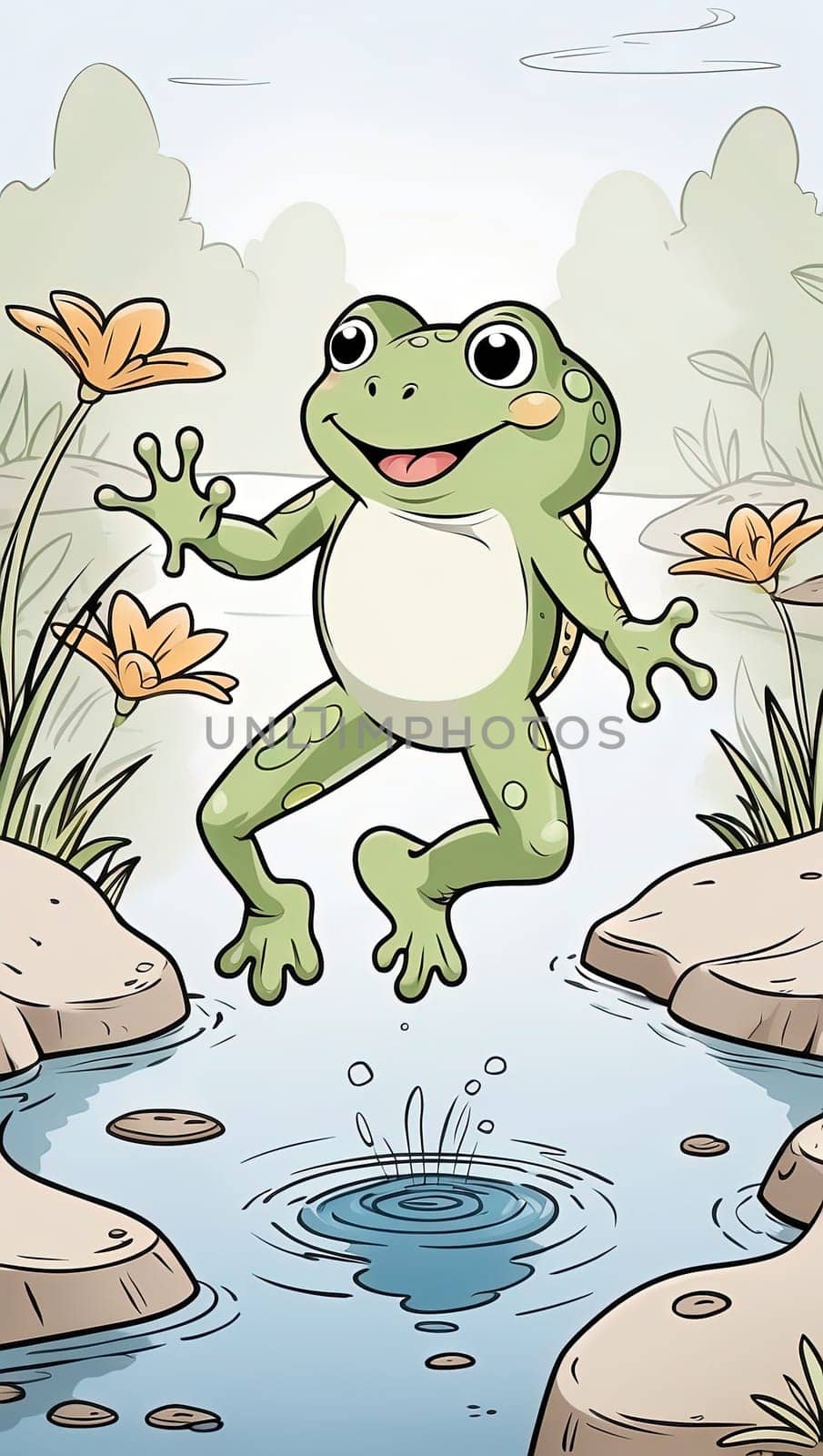 Frog jumping out of the water. Vector illustration of a cartoon toad. by Waseem-Creations