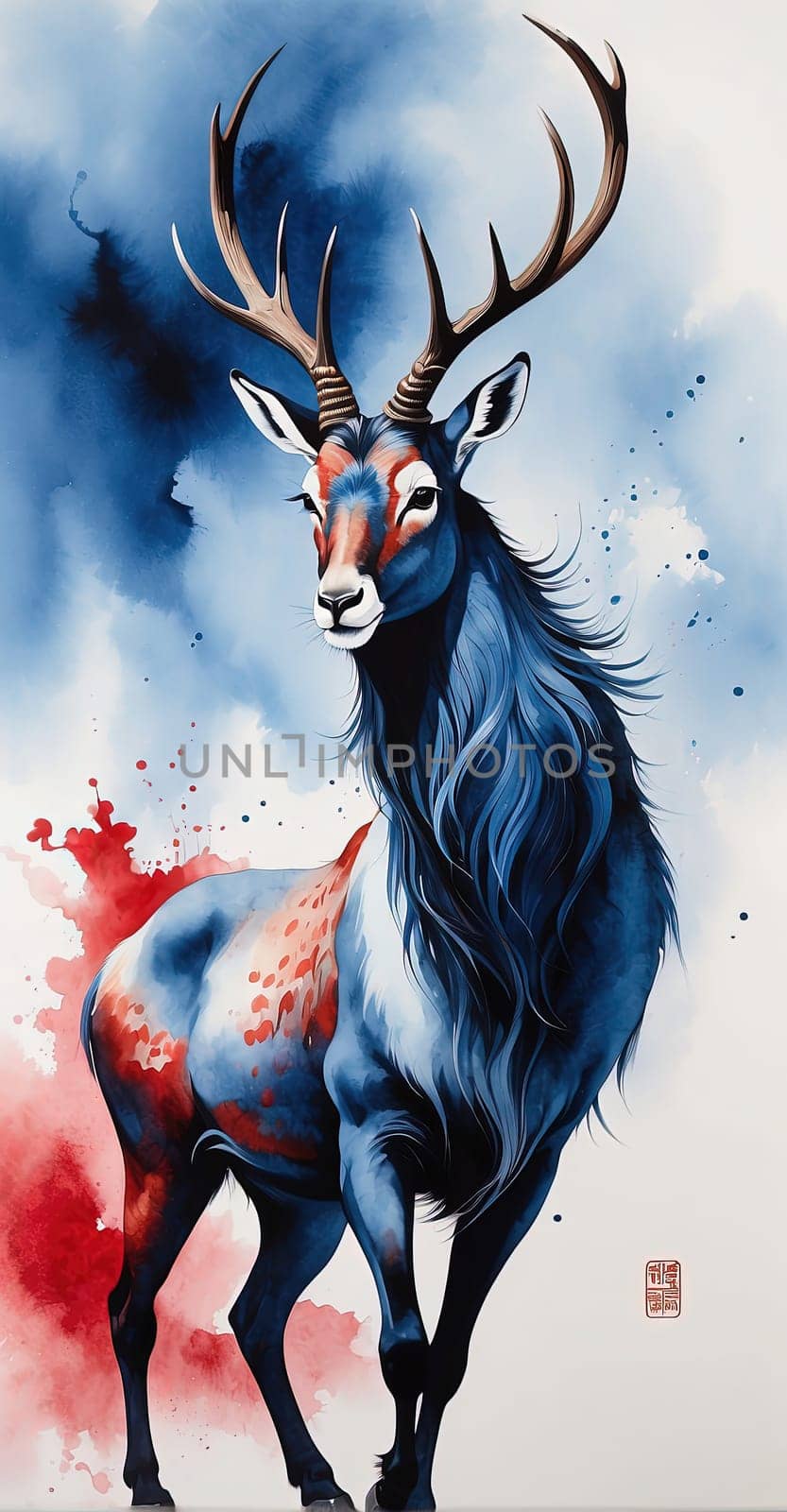 Watercolor painting of a deer with red spots on a white background by Waseem-Creations