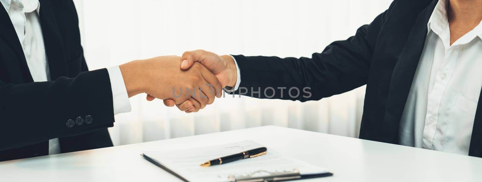 Two business executive shake hand in boardroom, sealing agreement merging two company. Handshake symbolize business partnership and cooperation. Corporate acquisition and merger concept. Shrewd