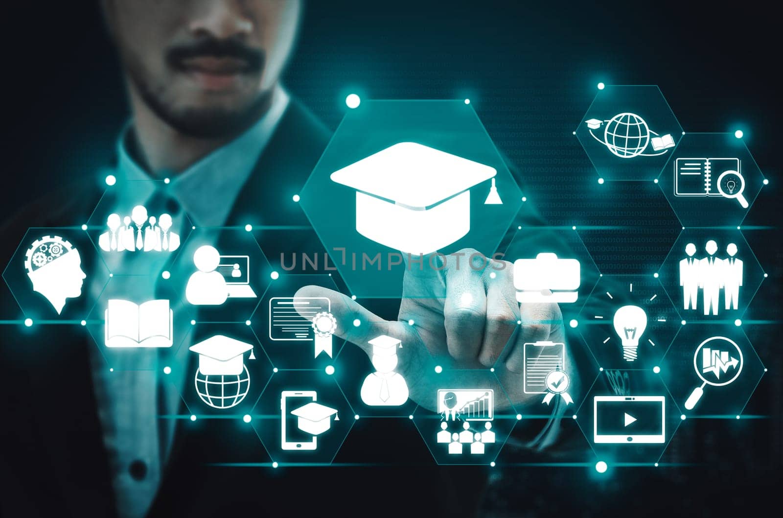 E-learning and Online Education for Student and University Concept. Graphic interface showing technology of digital training course for people to do remote learning from anywhere. uds