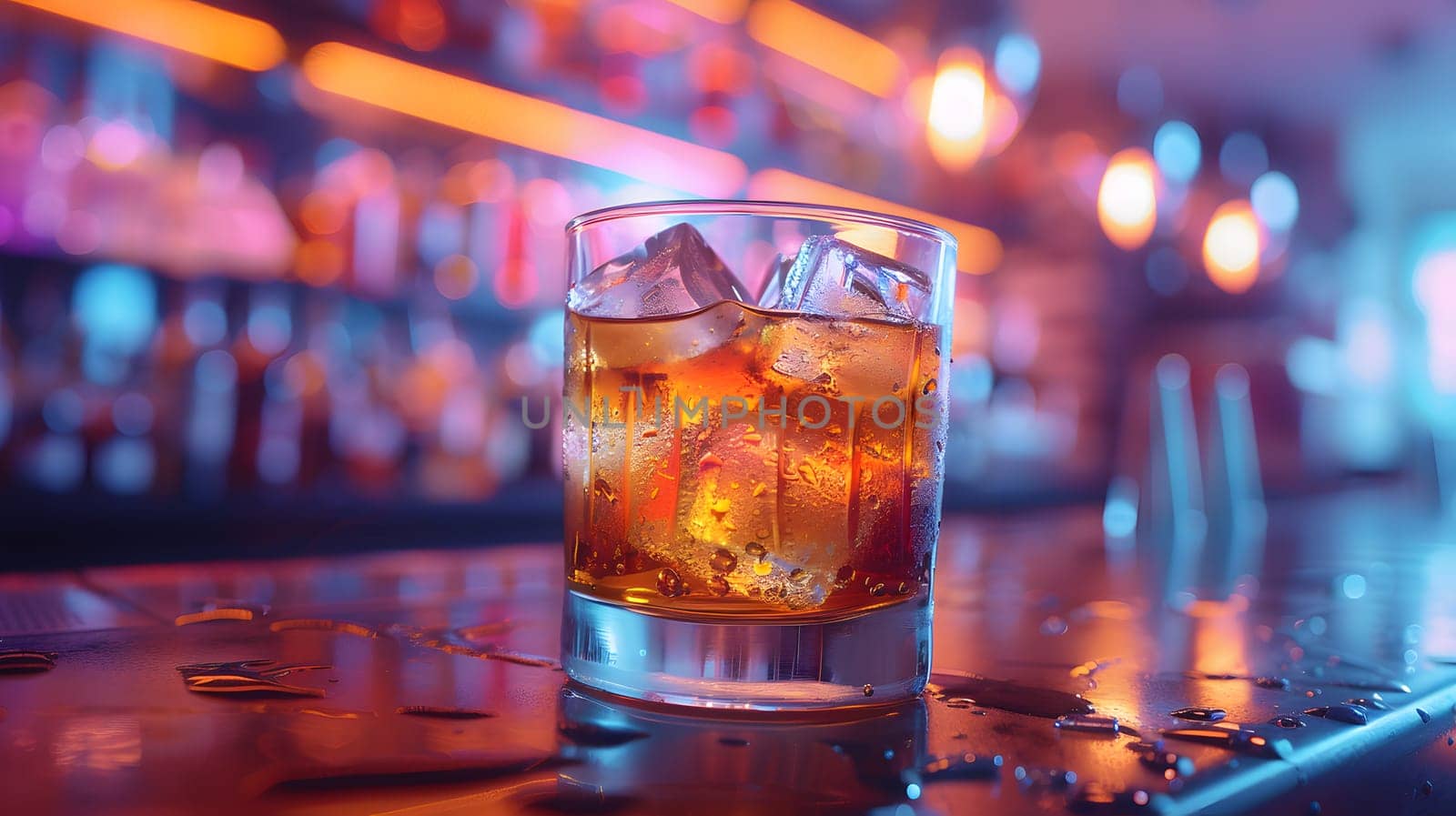Highball glass with amber whiskey and ice cubes on a bar by Nadtochiy