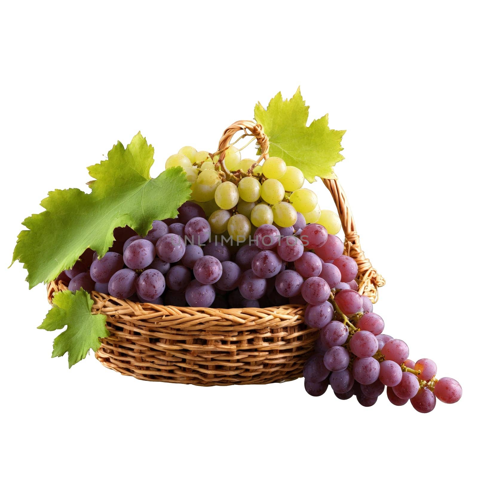 Grapes vitis vinifera purple and green bunches and individual swirling over weathered wicker basket water by panophotograph