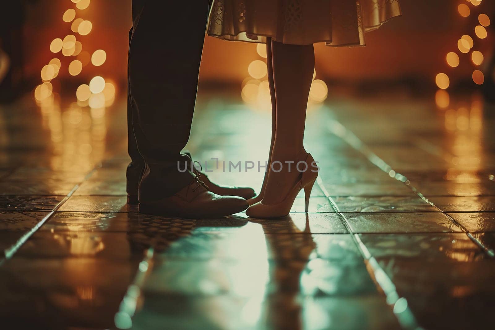 Close-up of dancing feet in a cinematic style with a golden bokeh background. Generated by artificial intelligence by Vovmar