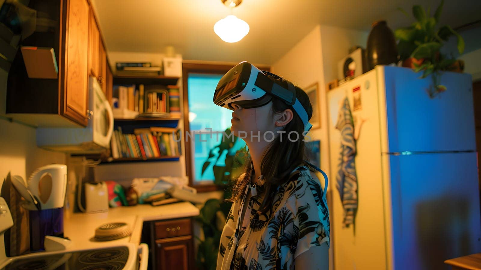 A happy woman wearing electric blue eyewear is having fun with a virtual reality headset in a kitchen. She stands next to shelves full of fashion accessories