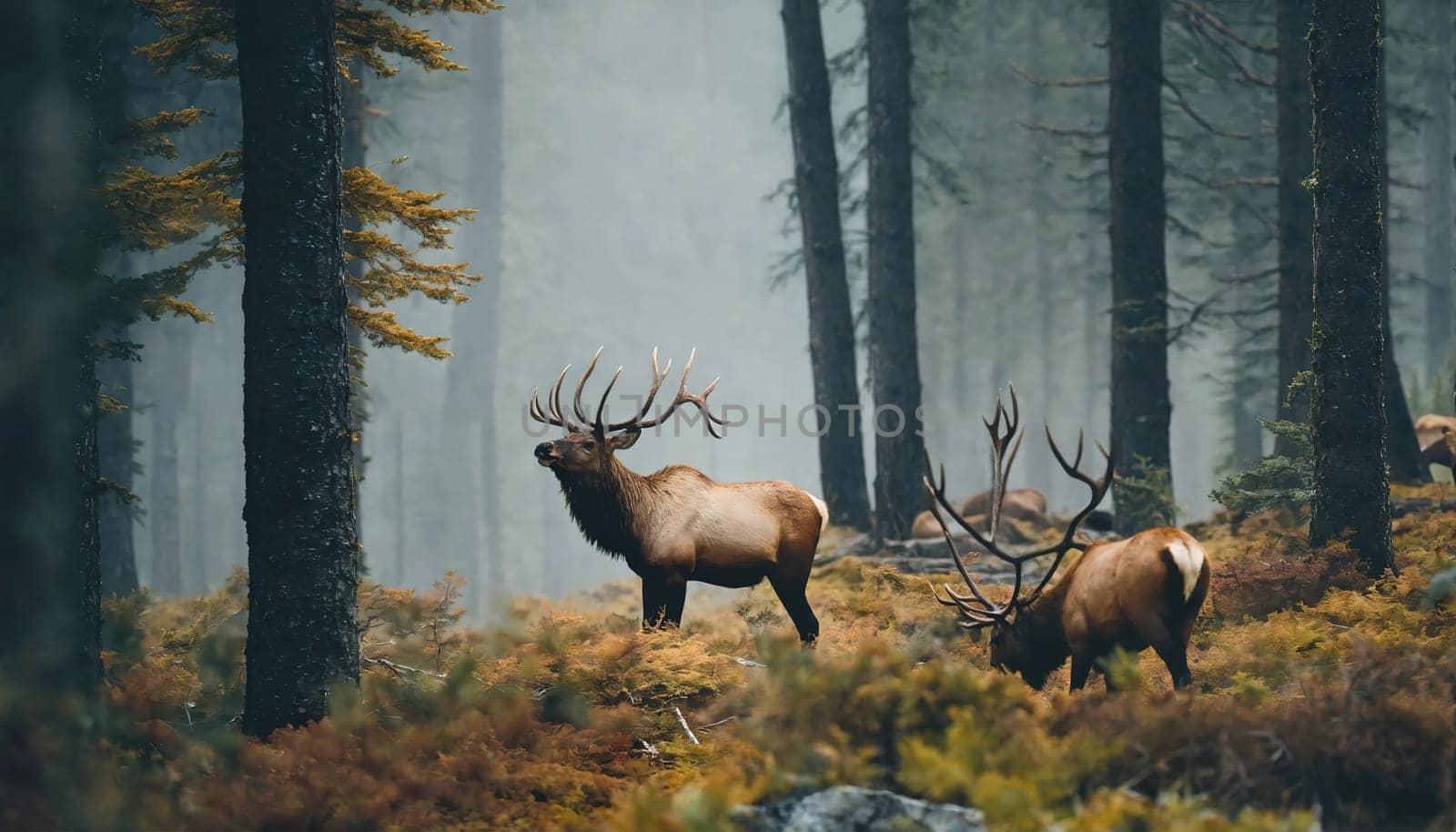 A deer with big antlers wanders in the forest. High quality photo