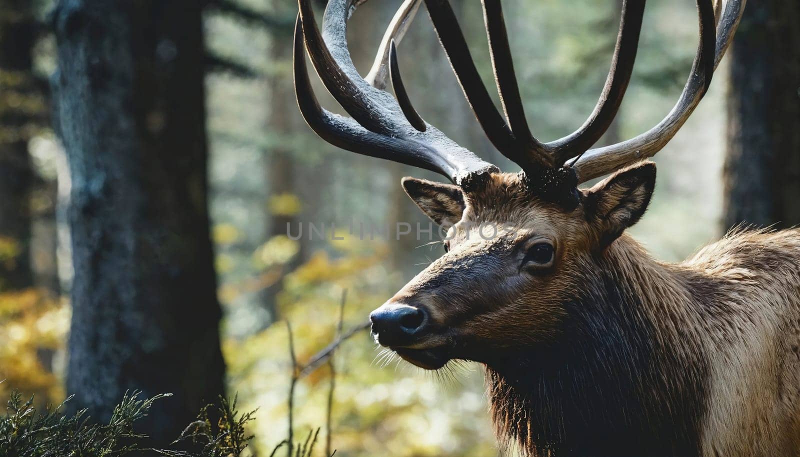 A deer with big antlers wanders in the forest. High quality photo