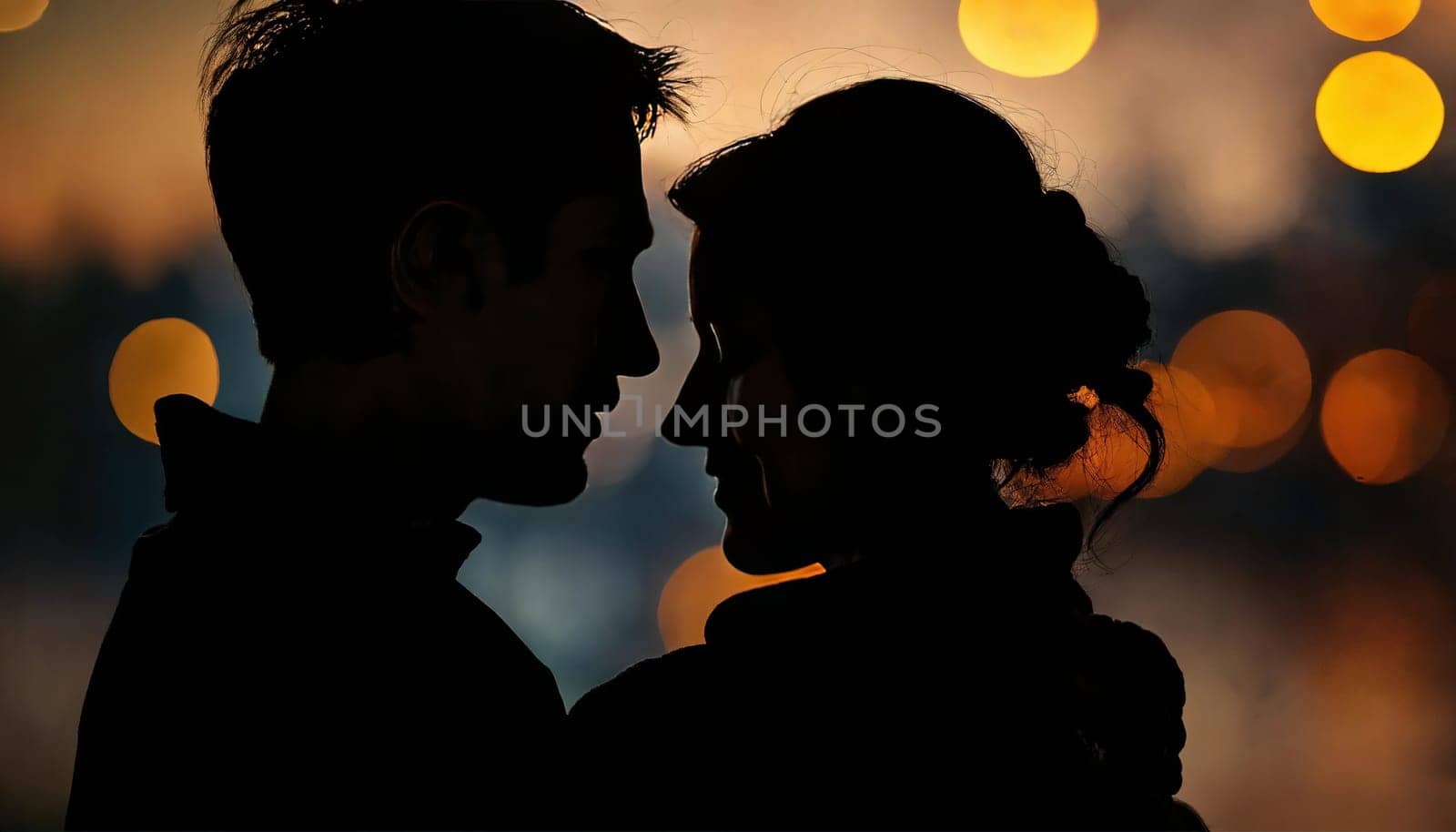Silhouette of a couple in evening lighting. Bokeh. Generative AI by gordiza