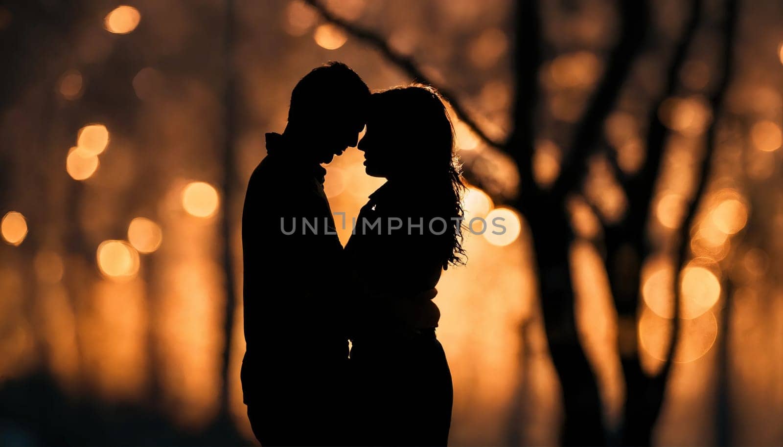 Silhouette of a couple in evening lighting. Bokeh. Generative AI. High quality photo