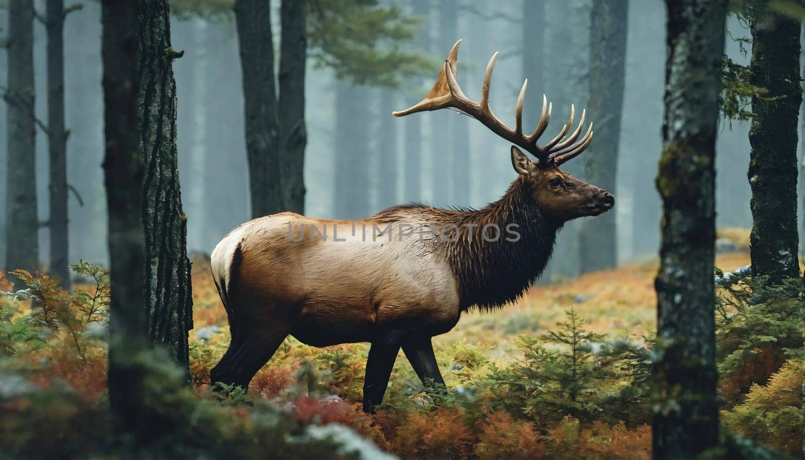 A deer with big antlers wanders in the forest by gordiza