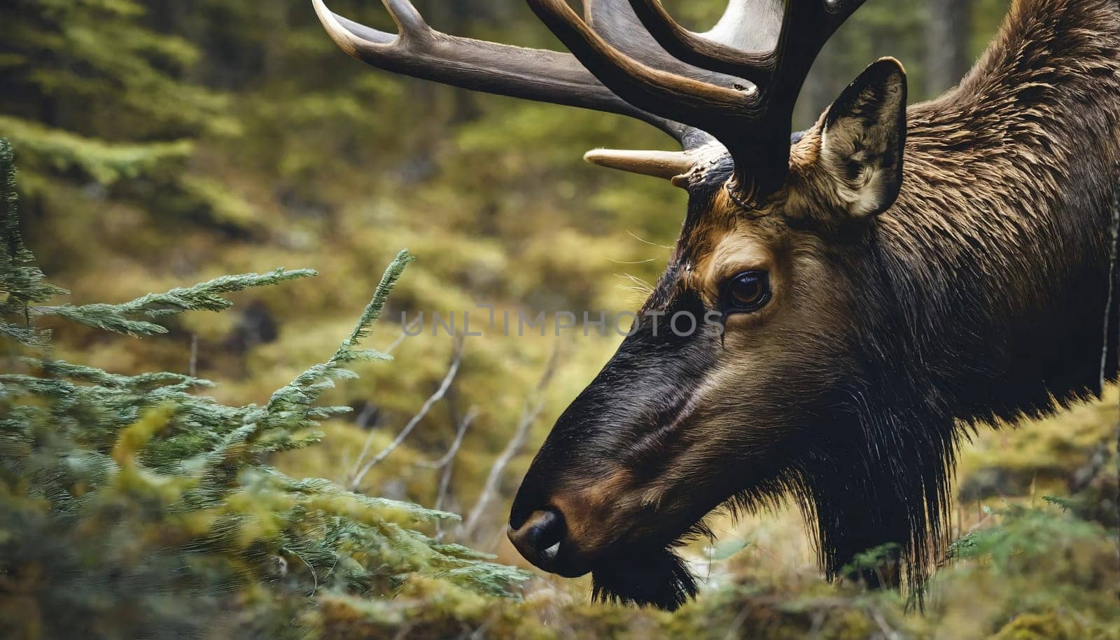 A deer with big antlers wanders in the forest. High quality photo