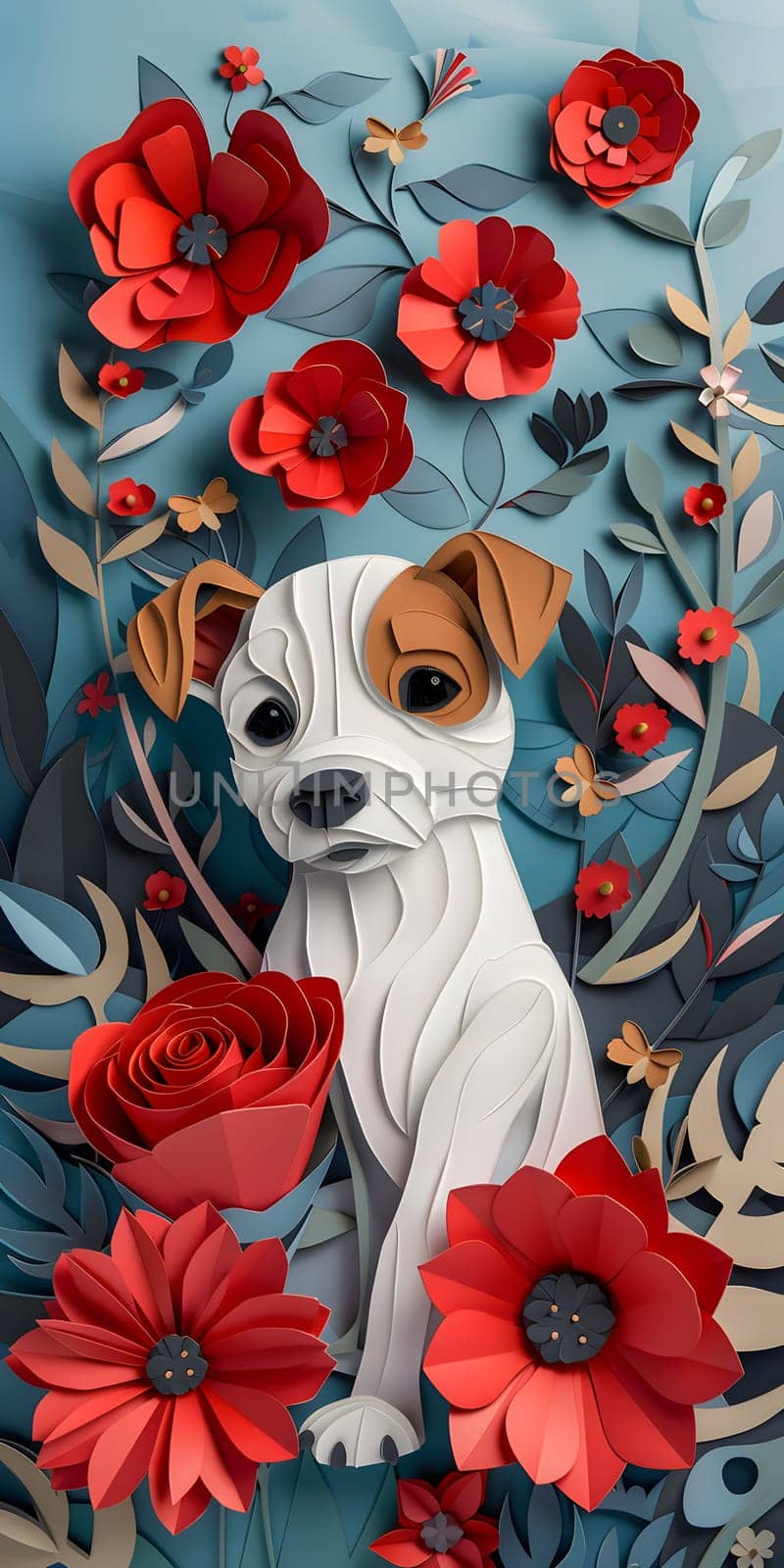 A Carnivore dog breed sits among red flowers in a picturesque painting by Nadtochiy