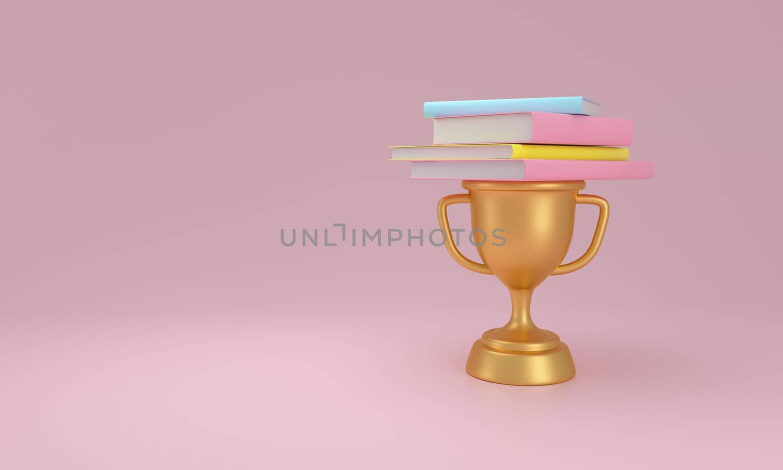 Pastel-colored books atop a golden trophy, set against a pink backdrop, depict the theme of academic success and recognition. 3D illustration.