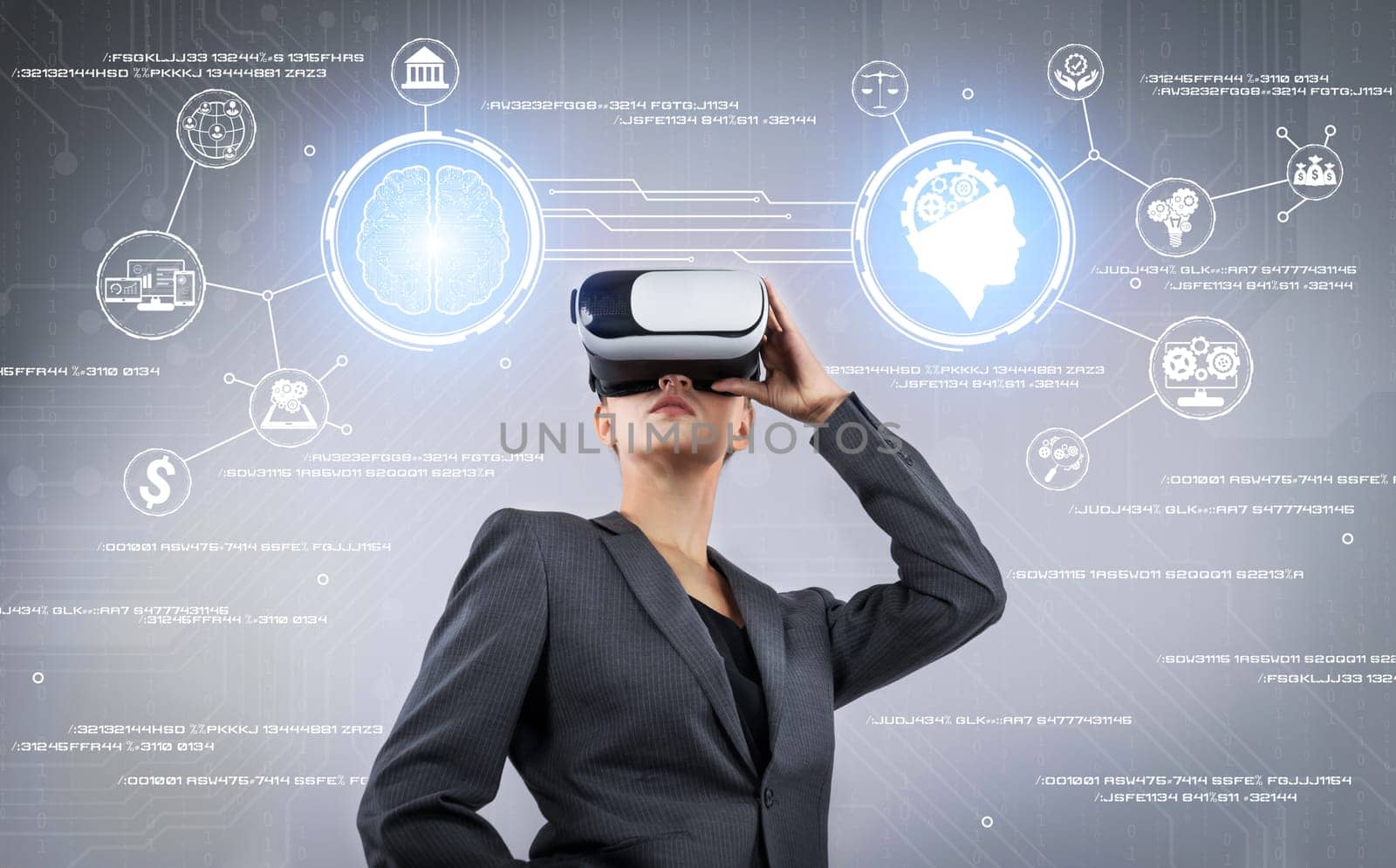 Business woman with VR goggles standing while making decision for using chat bot in business marketing plan. Project manager looking at holographic of AI assistance by using VR glasses. Contraption.