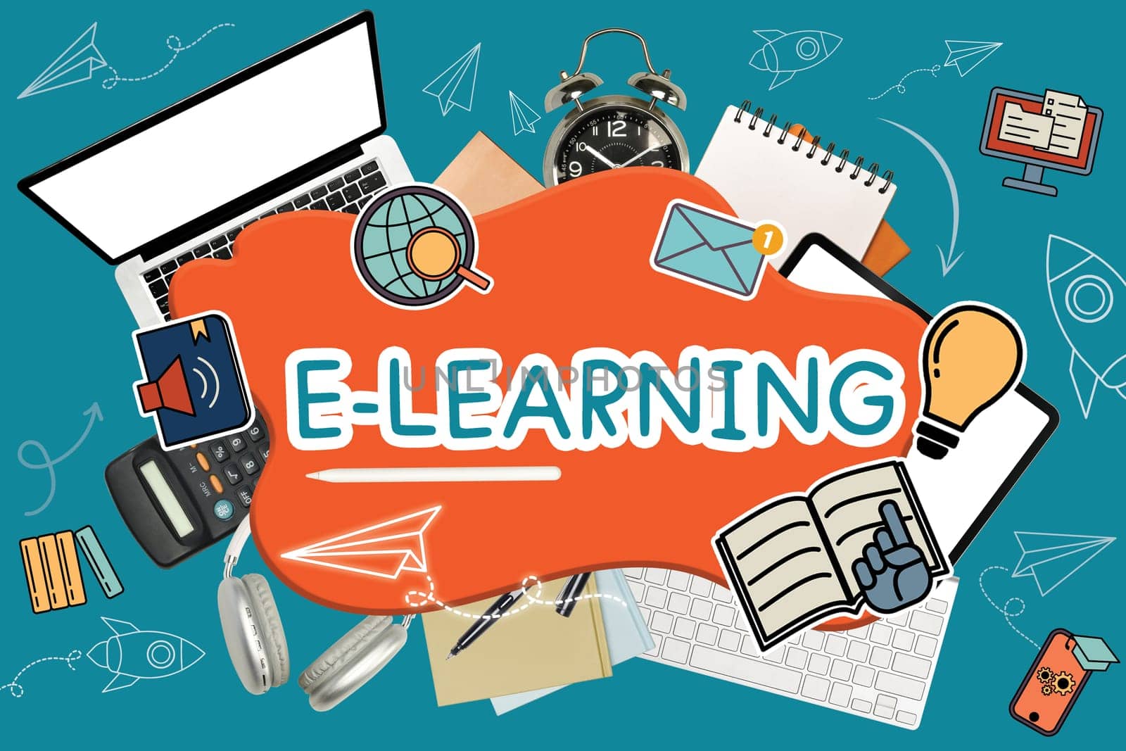 Word e-learning surrounded by various school supplies and laptop on blue background.