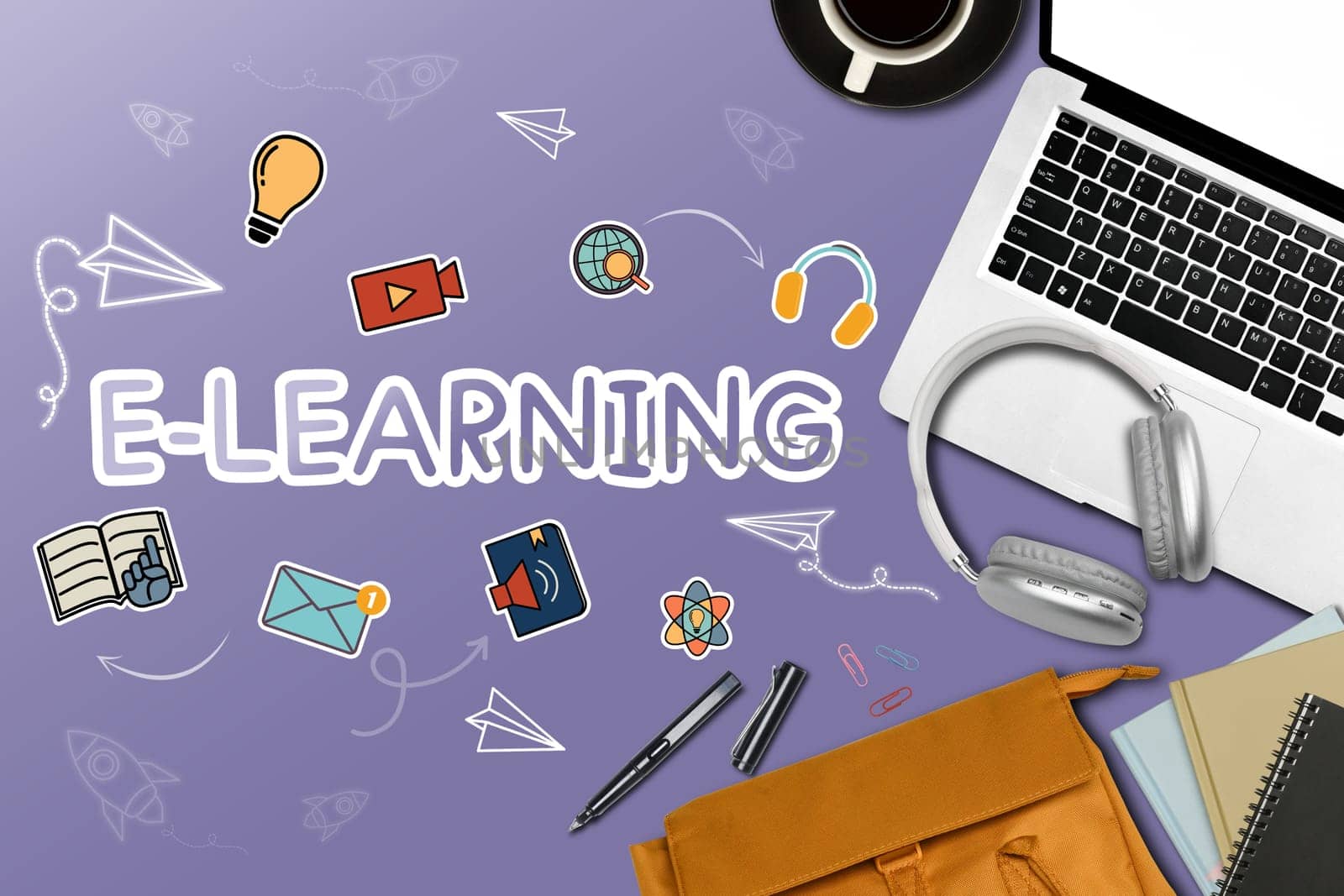 Laptop, headphone and backpack on purple background with word e-learning.