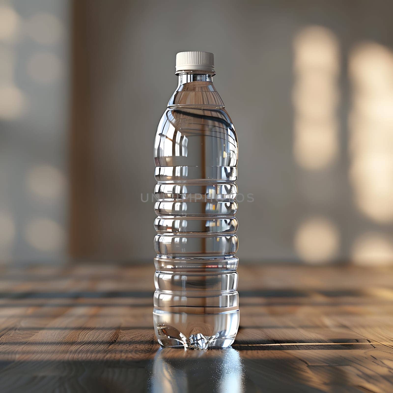 A glass bottle filled with water rests on a wooden table by Nadtochiy