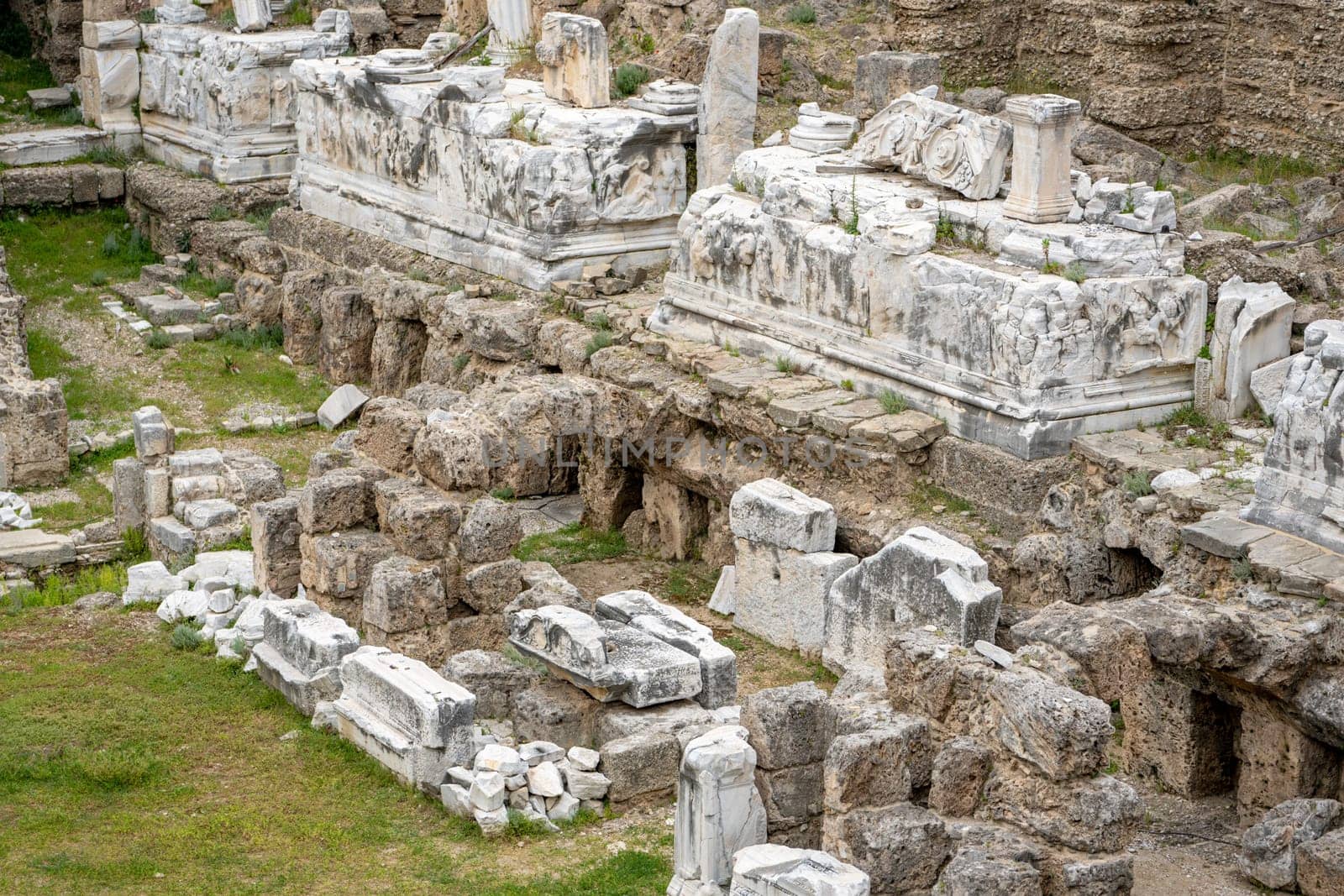 Amphitheatre and ornate marble ruins in the ancient city of Side, Antalya