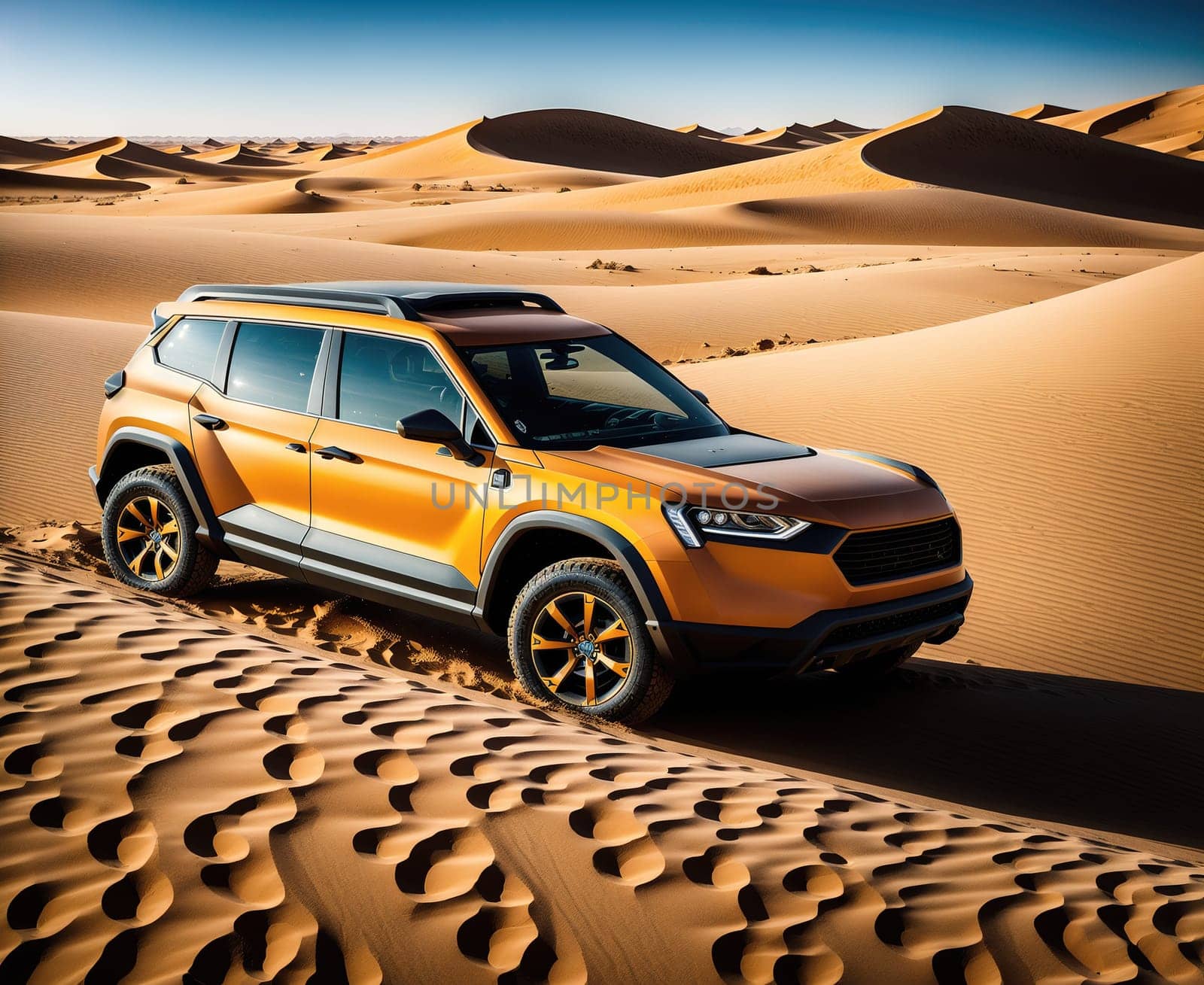 The image shows a yellow SUV driving through a desert with sand dunes in the background.