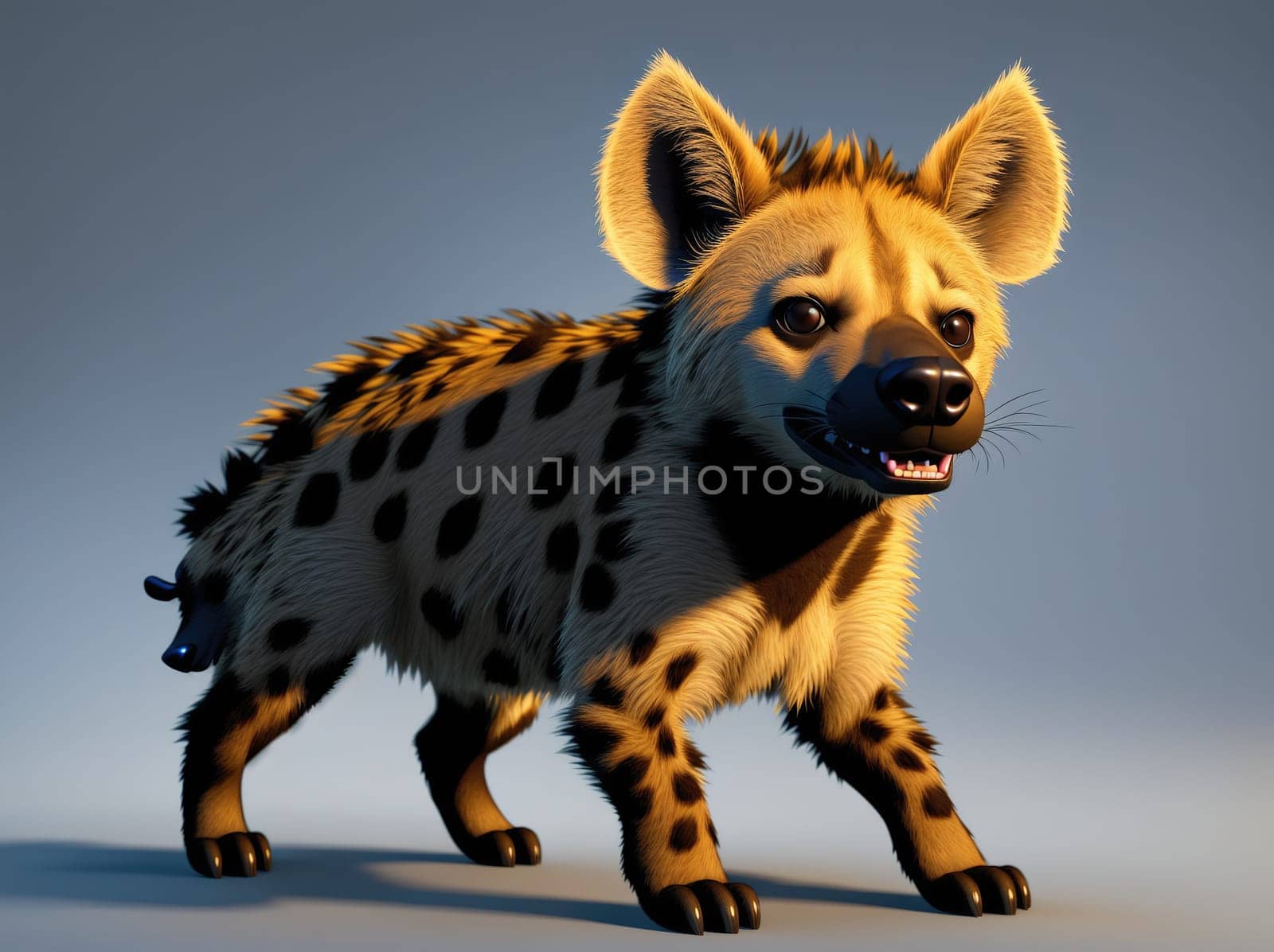 The image is a cartoon representation of a young hyena standing on its hind legs, looking up at the viewer with its big brown eyes.