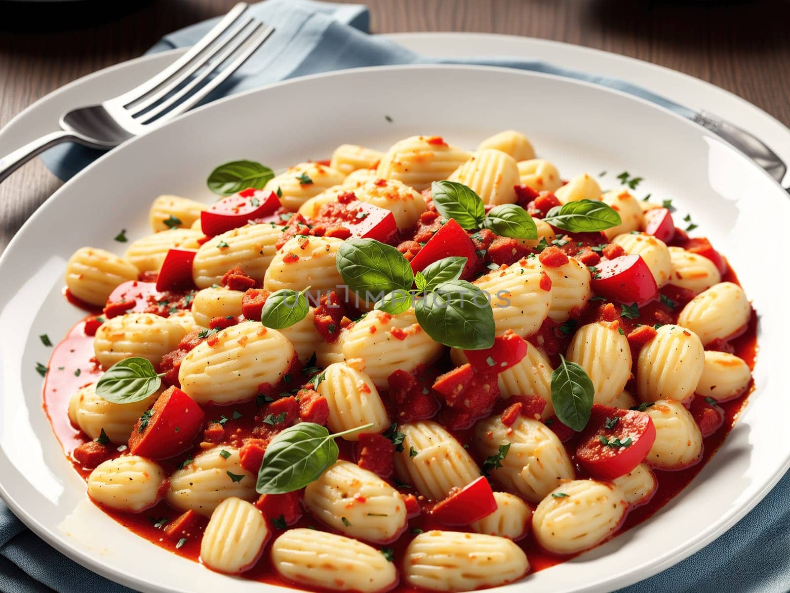 The image shows a plate of pasta with red sauce, meatballs, and parsley on a white tablecloth.