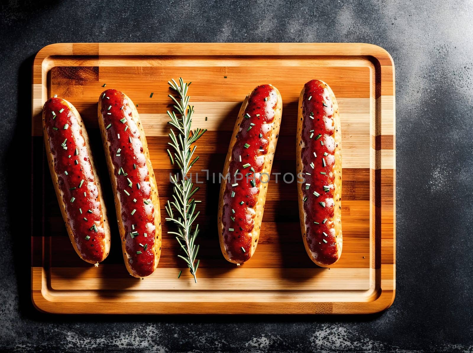 The image shows a wooden cutting board with three sausages on it, surrounded by rosemary sprigs.