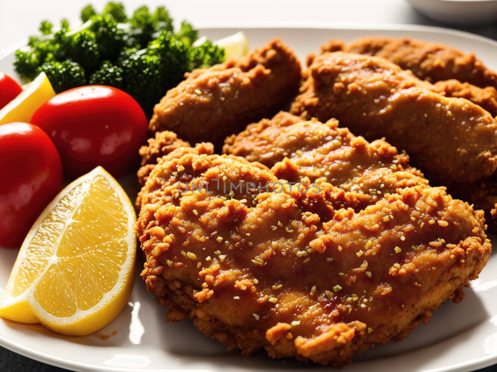 The image shows a plate of fried chicken with lemon wedges and a side of vegetables.