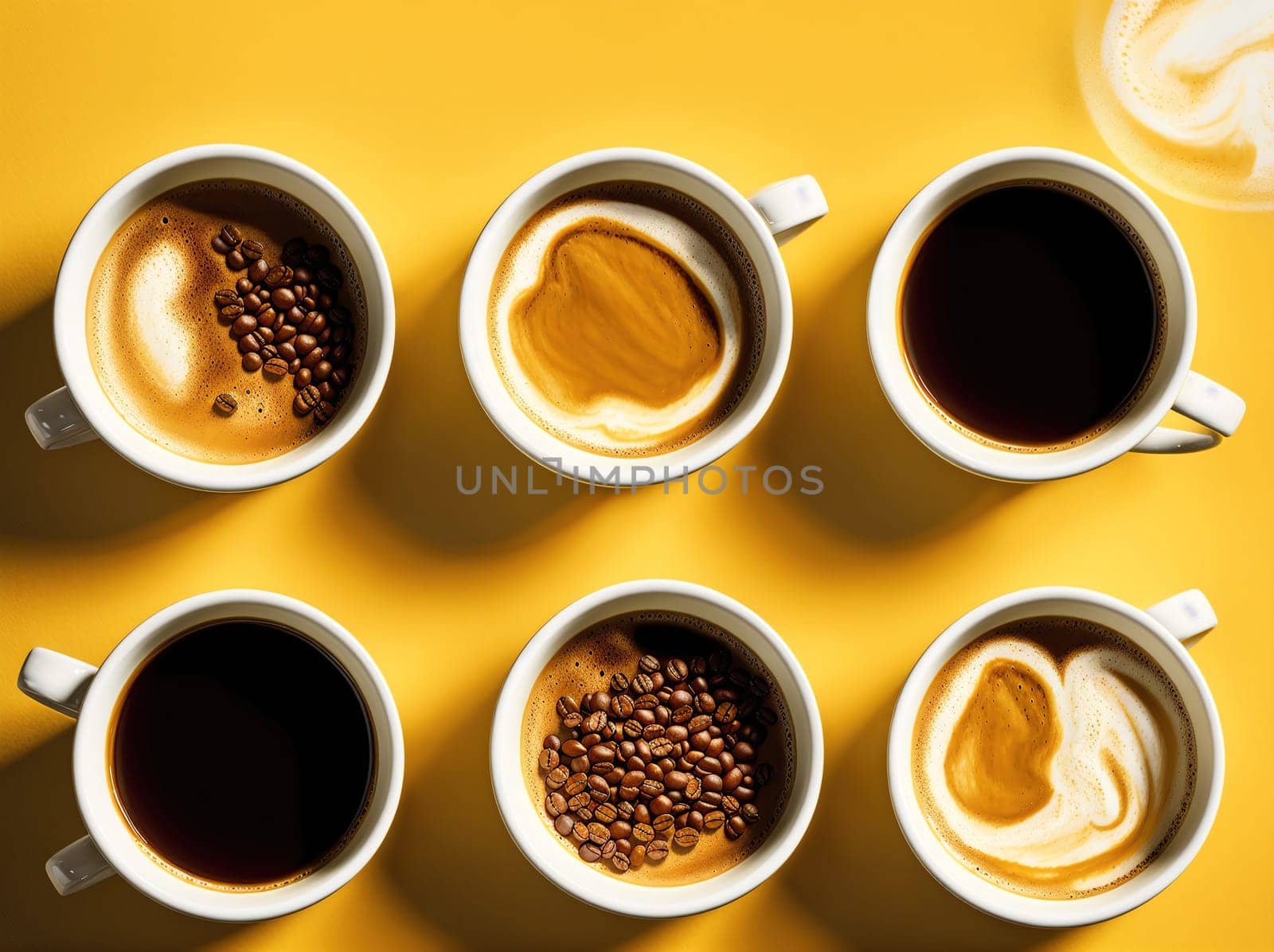 The image shows a group of coffee cups with different types of coffee beans in them.