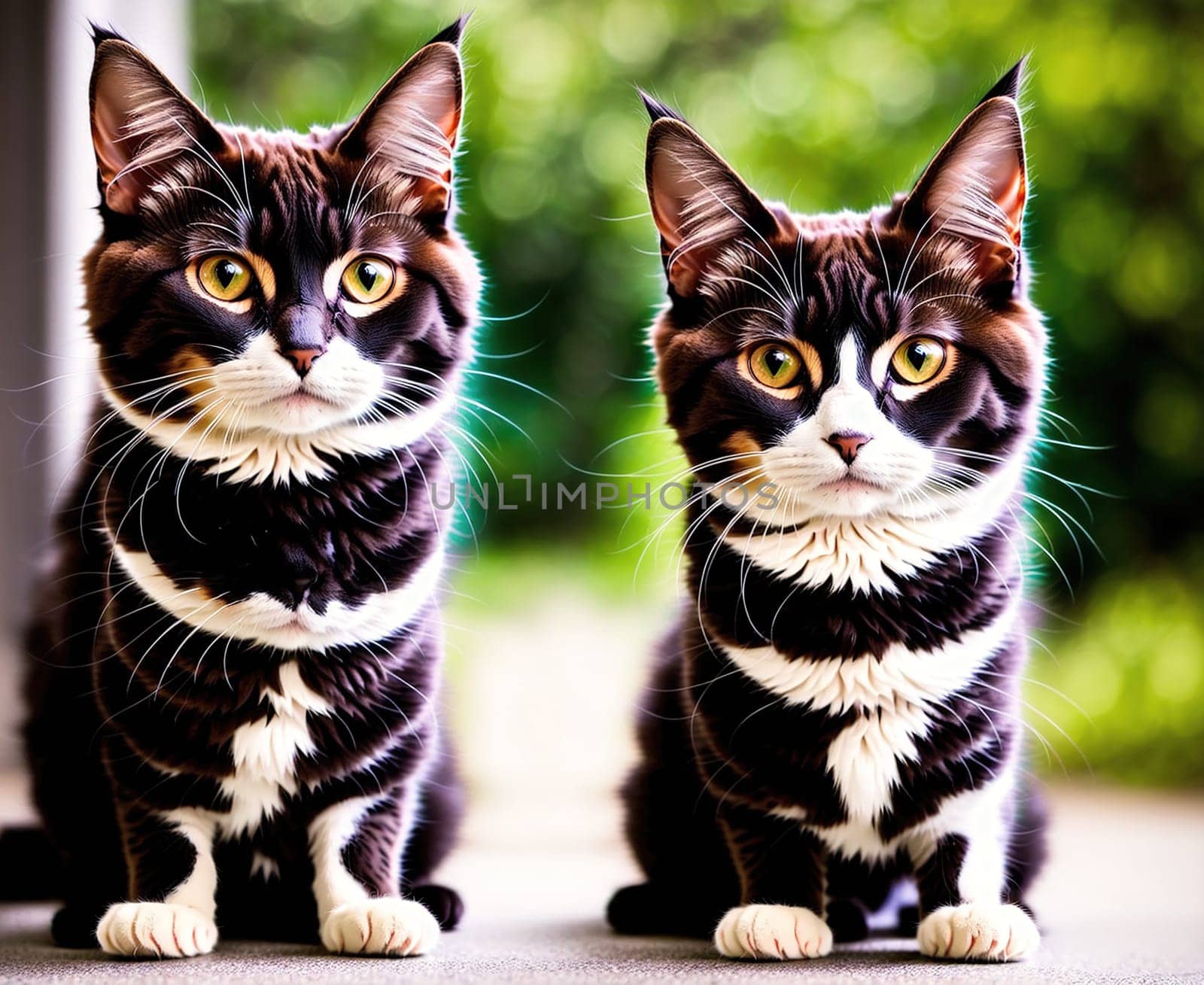 The image shows two black and white cats sitting on a wooden fence, looking at the camera with their big eyes.