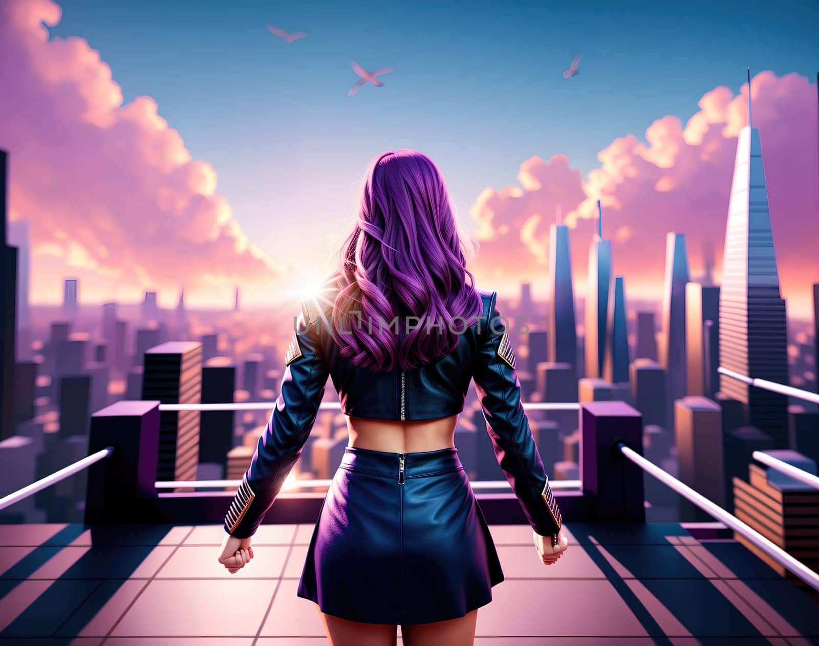 The image depicts a woman standing on a rooftop overlooking a city skyline at sunset, wearing a black leather jacket and sunglasses.