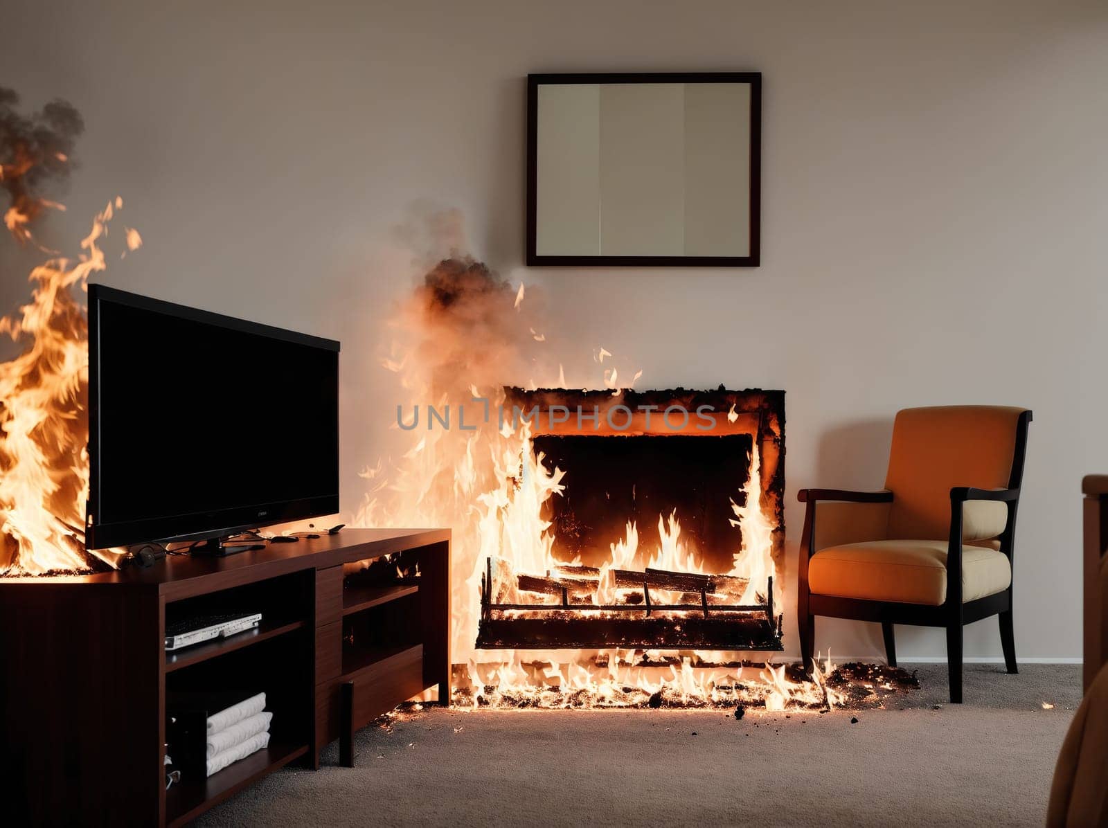 The image shows a living room with a fire burning in the fireplace, a couch, and a television.