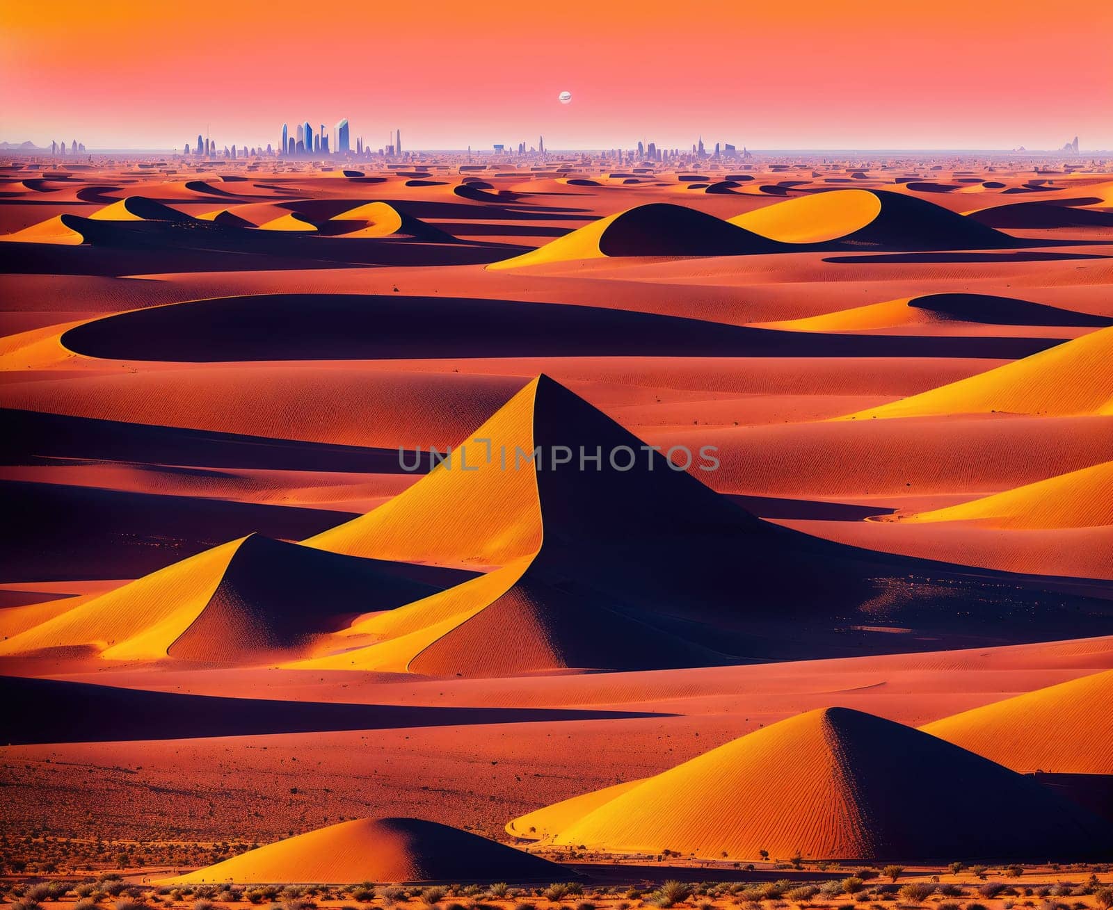 The image shows a vast desert landscape with sand dunes stretching as far as the eye can see, with a small city in the distance.