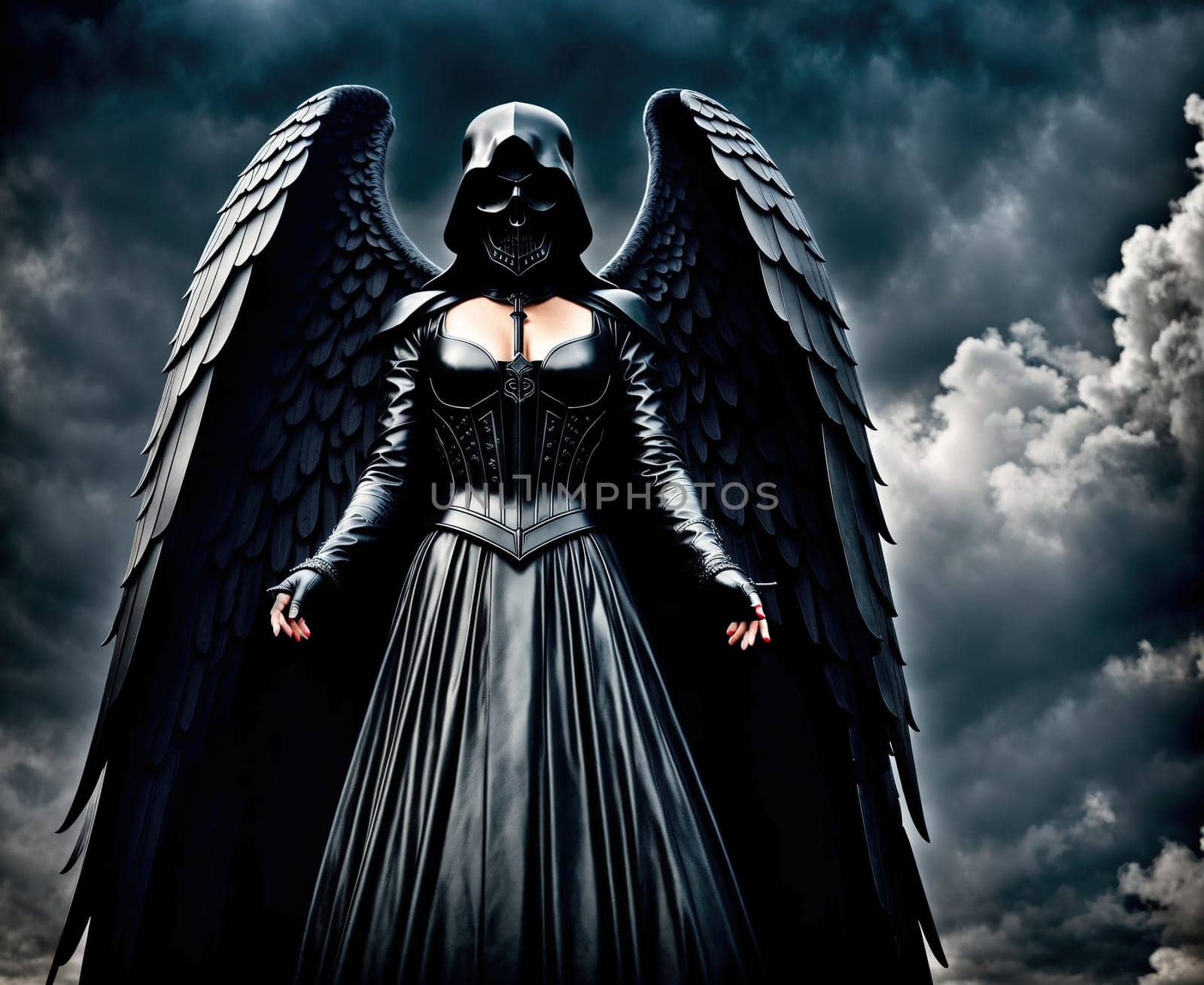 The image depicts an angel standing in the middle of a cloudy sky, with its wings spread wide and its hood pulled back to reveal its face.