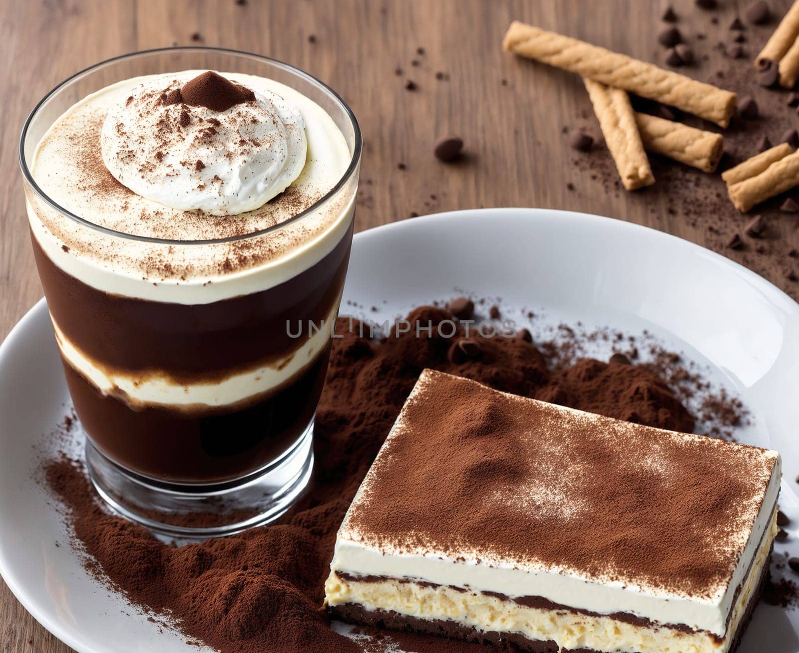 The image shows a glass of coffee topped with whipped cream and a slice of cheesecake on a white plate.