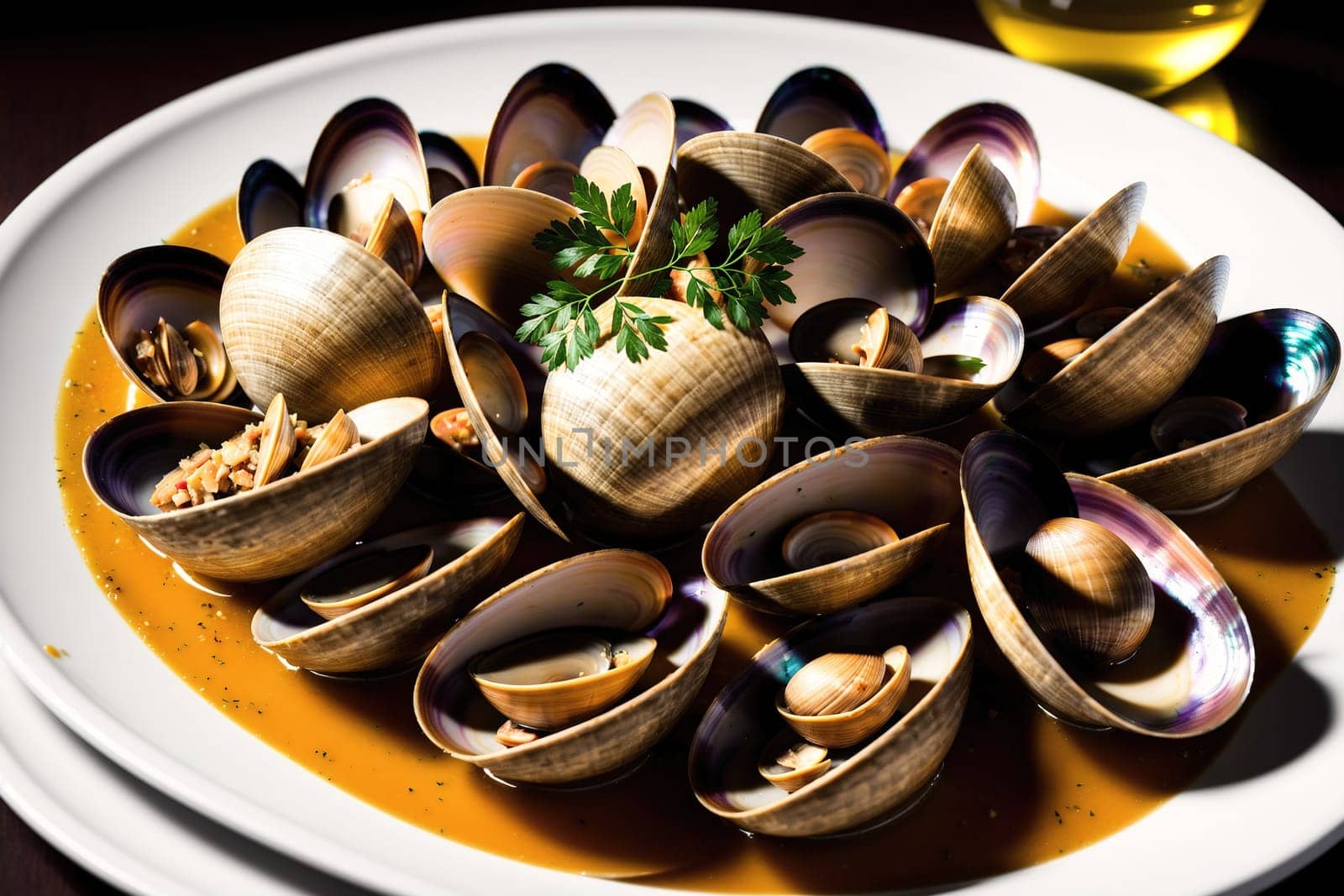 The image shows a plate of steamed mussels with garlic and parsley on a white tablecloth.