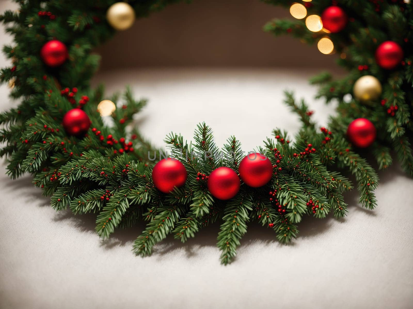 The image shows a Christmas wreath made of evergreen branches with red and gold ornaments hanging from it.