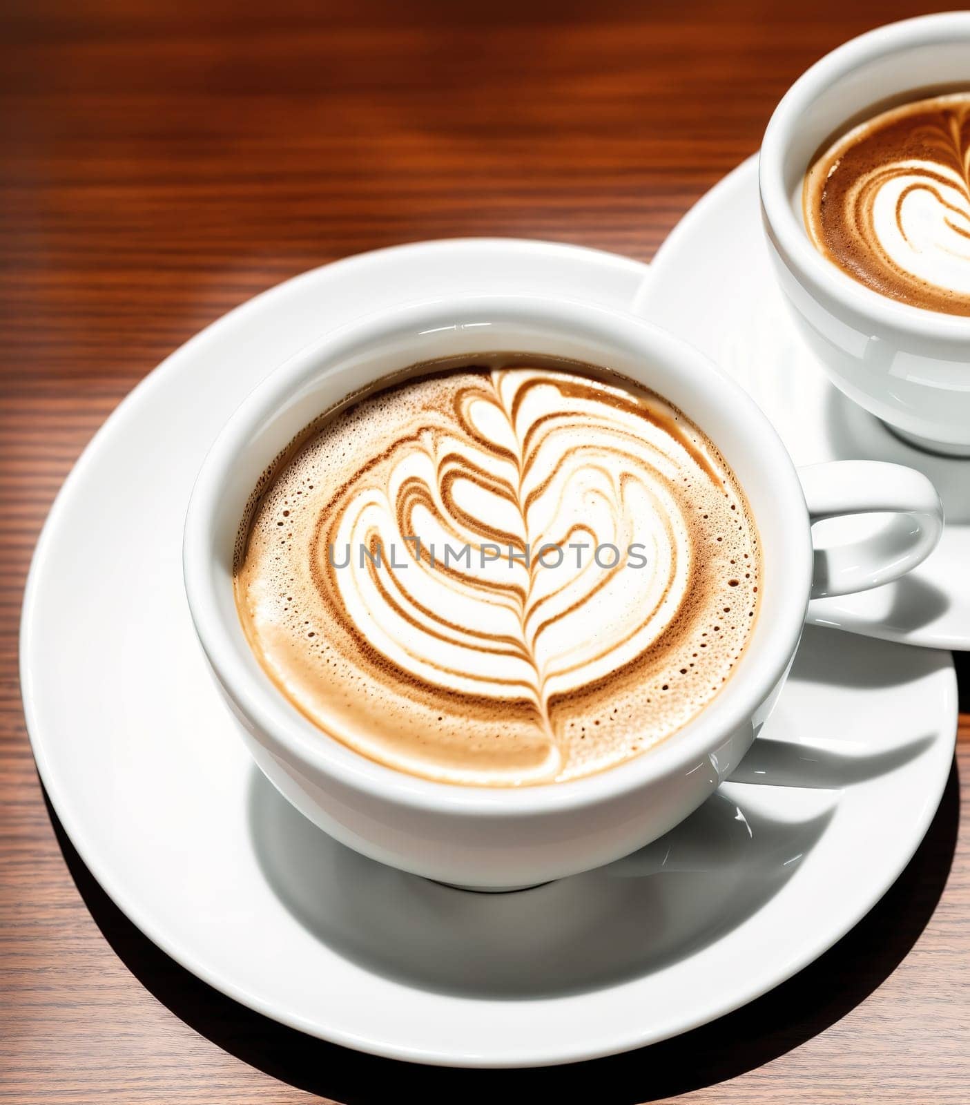 The image shows two cups of coffee on a table with a white background.