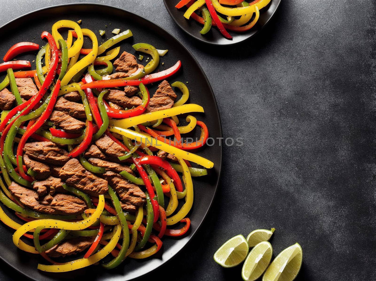 The image shows a plate of beef fajitas with peppers, onions, and lime wedges on the side.