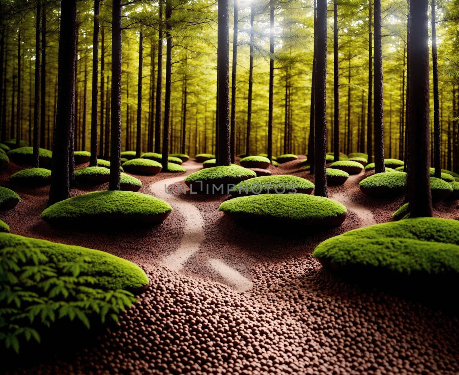The image depicts a serene forest scene with moss-covered trees and a path leading through the woods.
