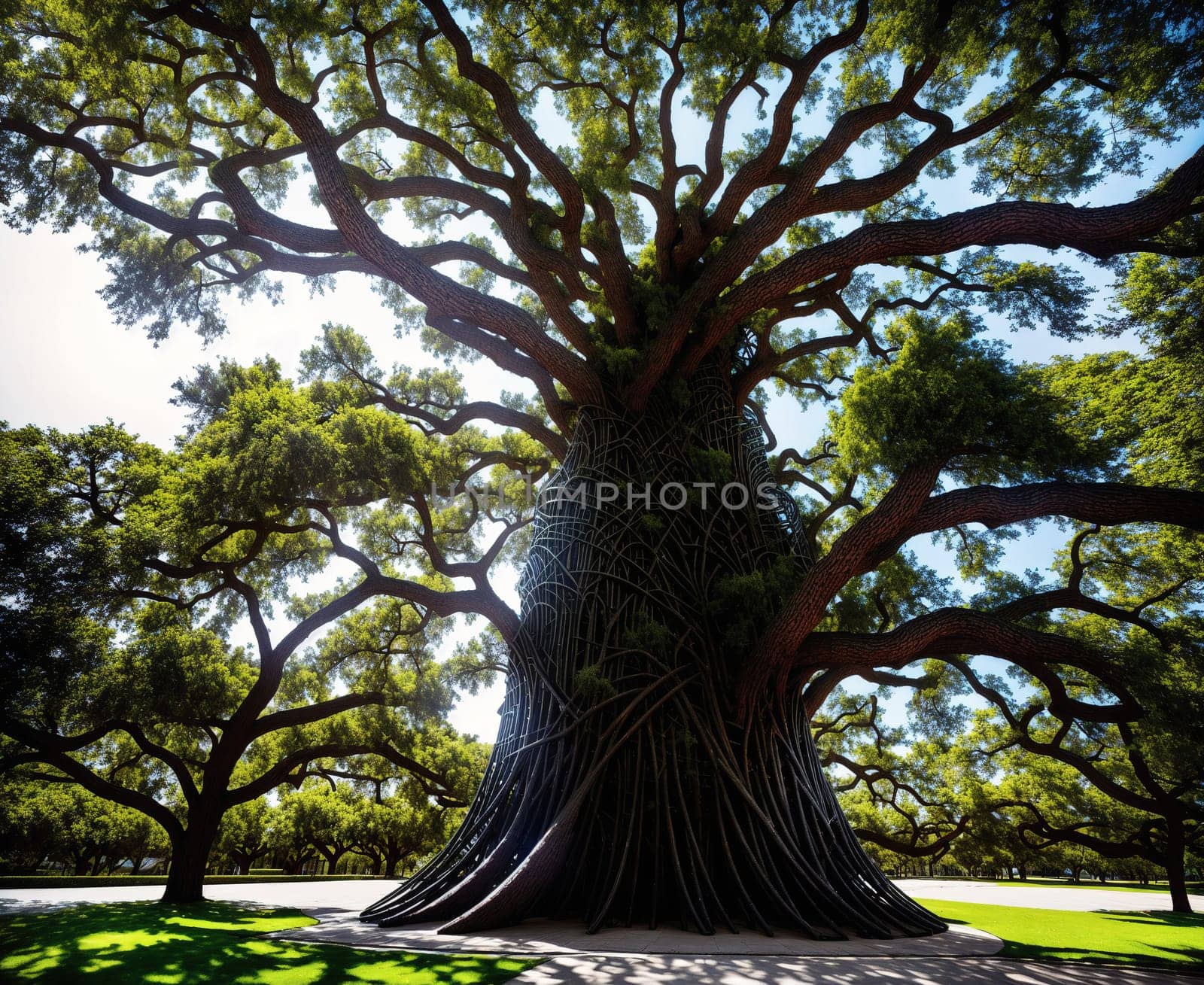 The image shows a large, ancient oak tree with gnarled and twisted branches that stretch up towards the sky, creating a dramatic and mysterious atmosphere.