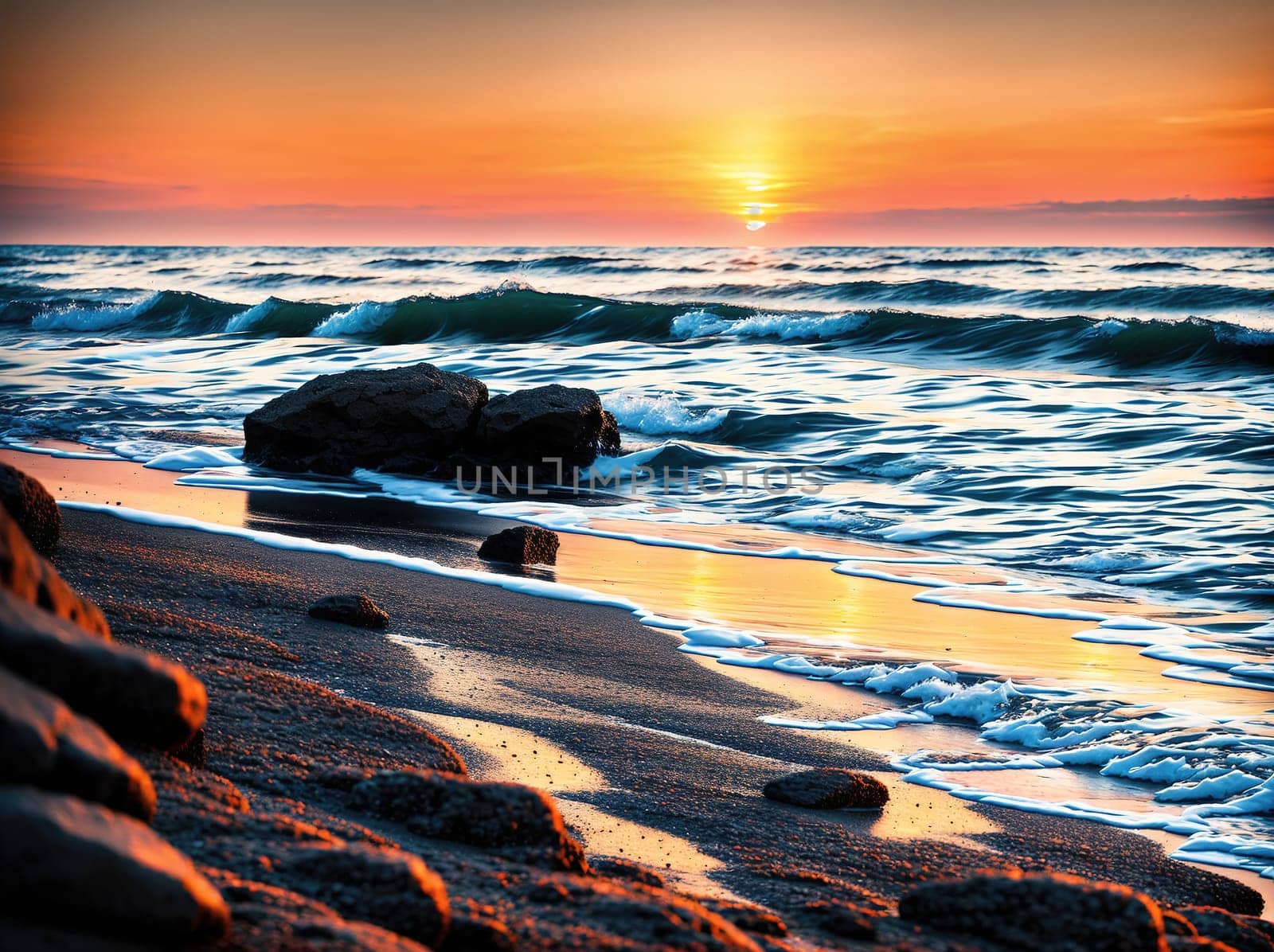 The image shows a sunset over the ocean with rocks and sand on the beach.