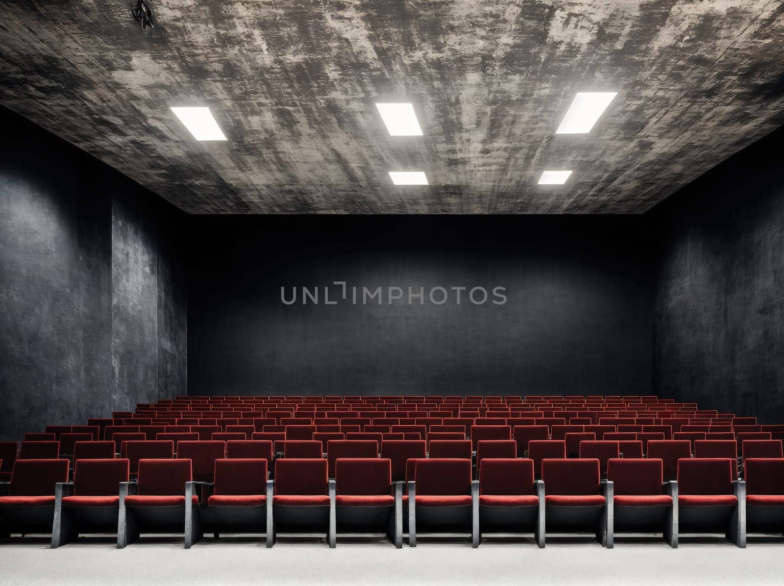 The image depicts an empty auditorium with rows of empty red chairs facing a blank wall.